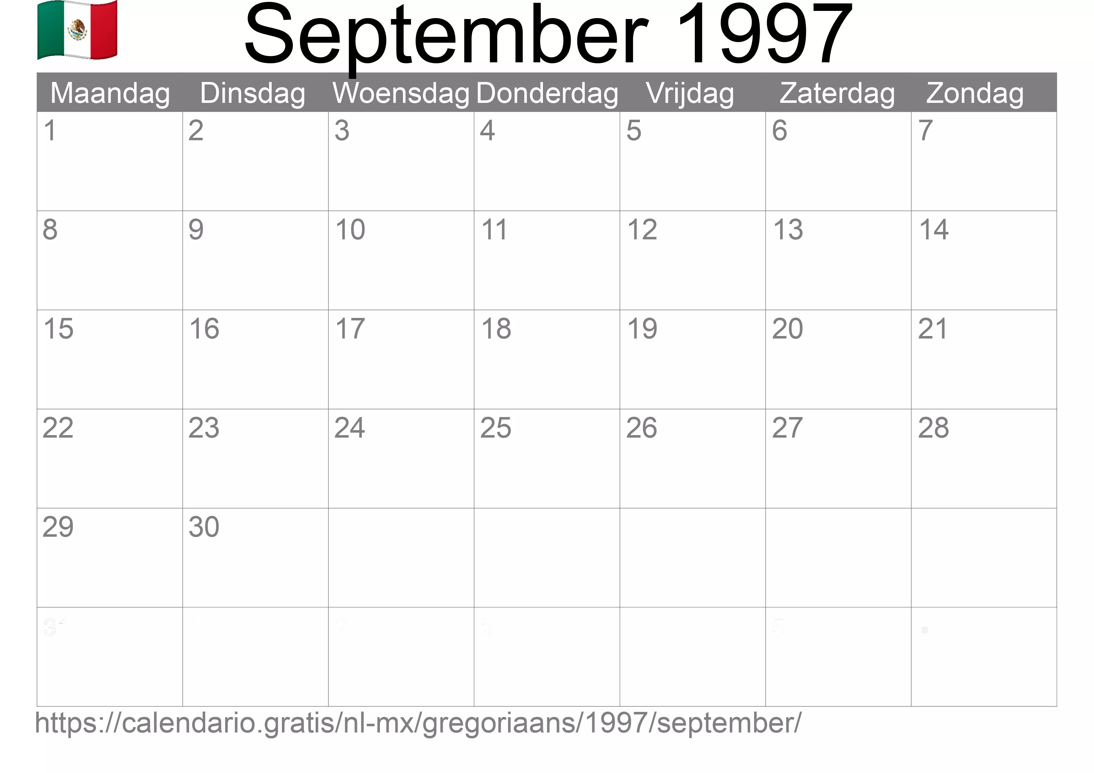 Kalender September 1997 om af te drukken (Mexico)