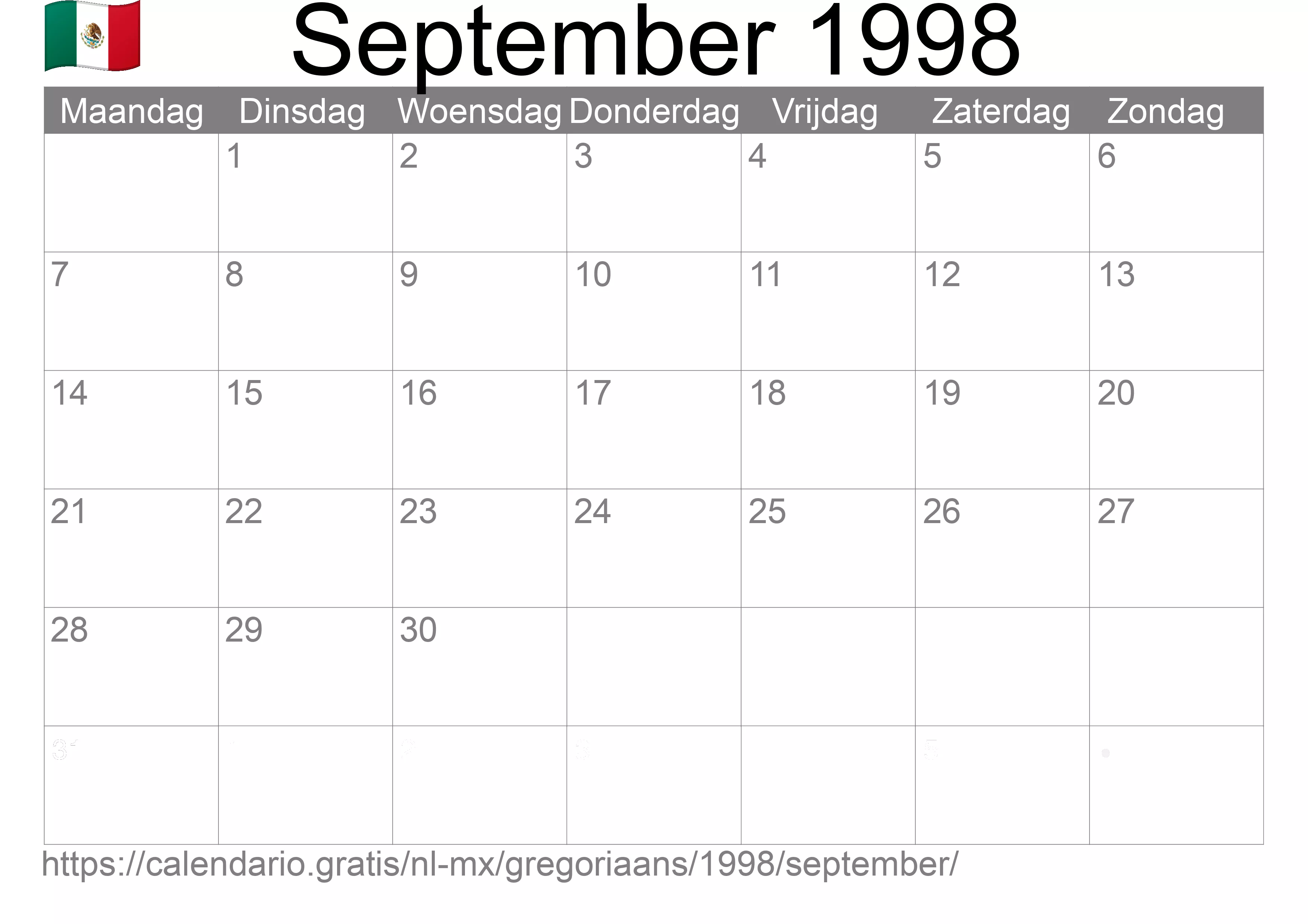 Kalender September 1998 om af te drukken (Mexico)