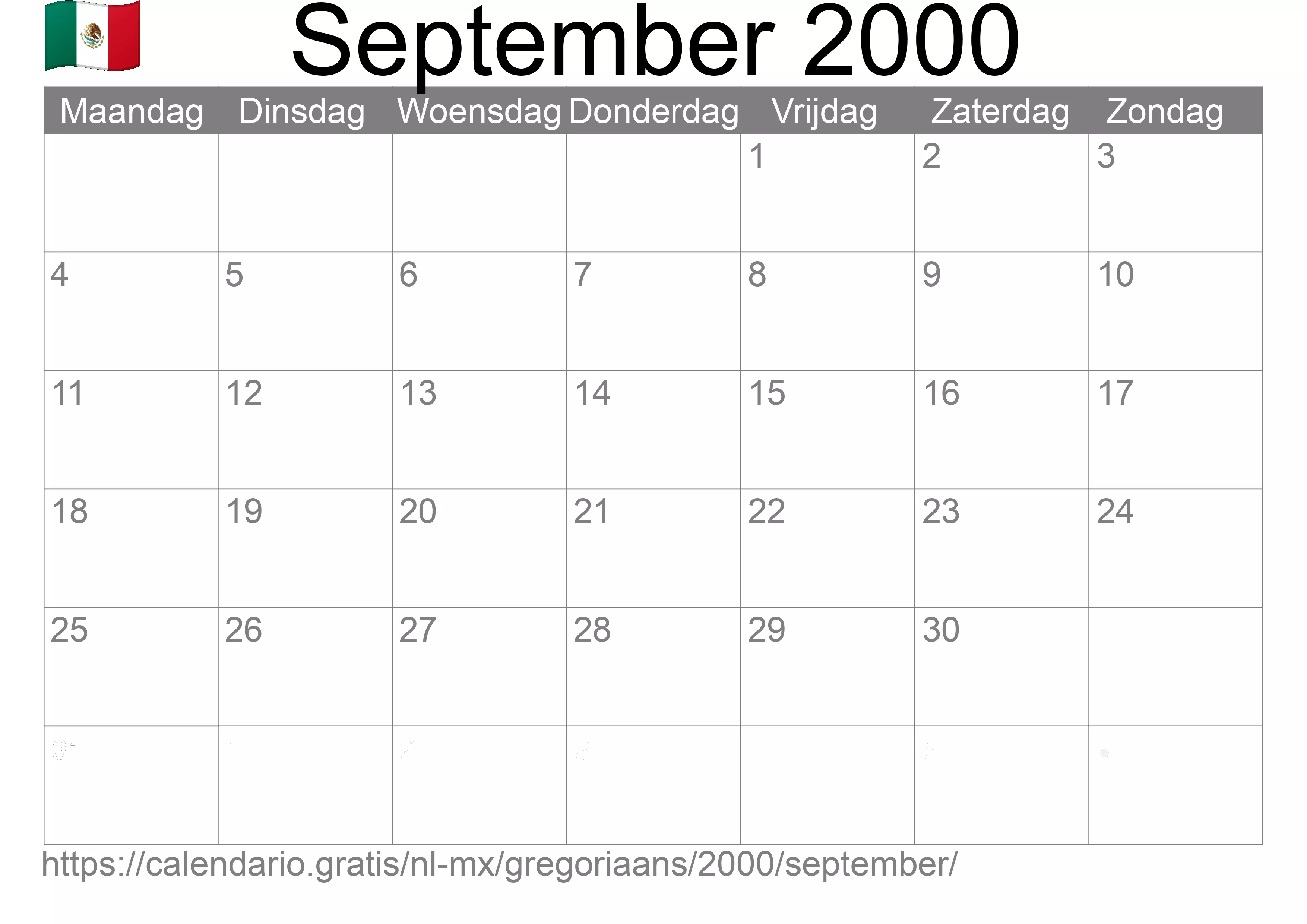 Kalender September 2000 om af te drukken (Mexico)
