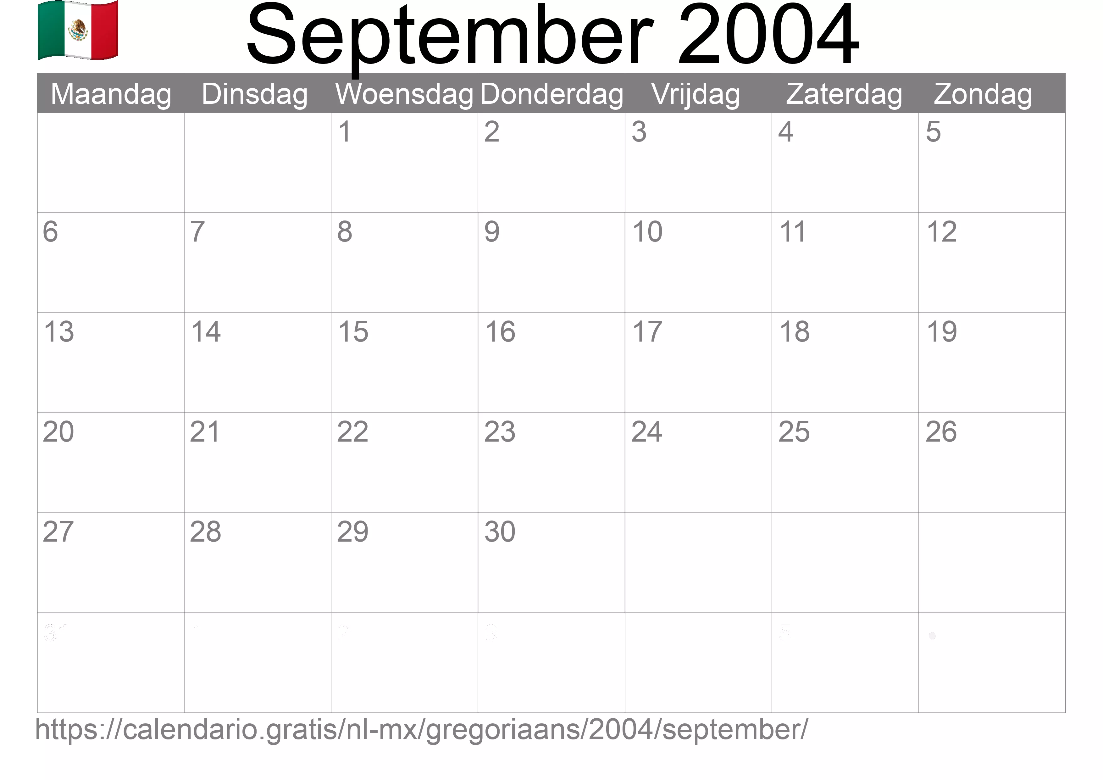 Kalender September 2004 om af te drukken (Mexico)