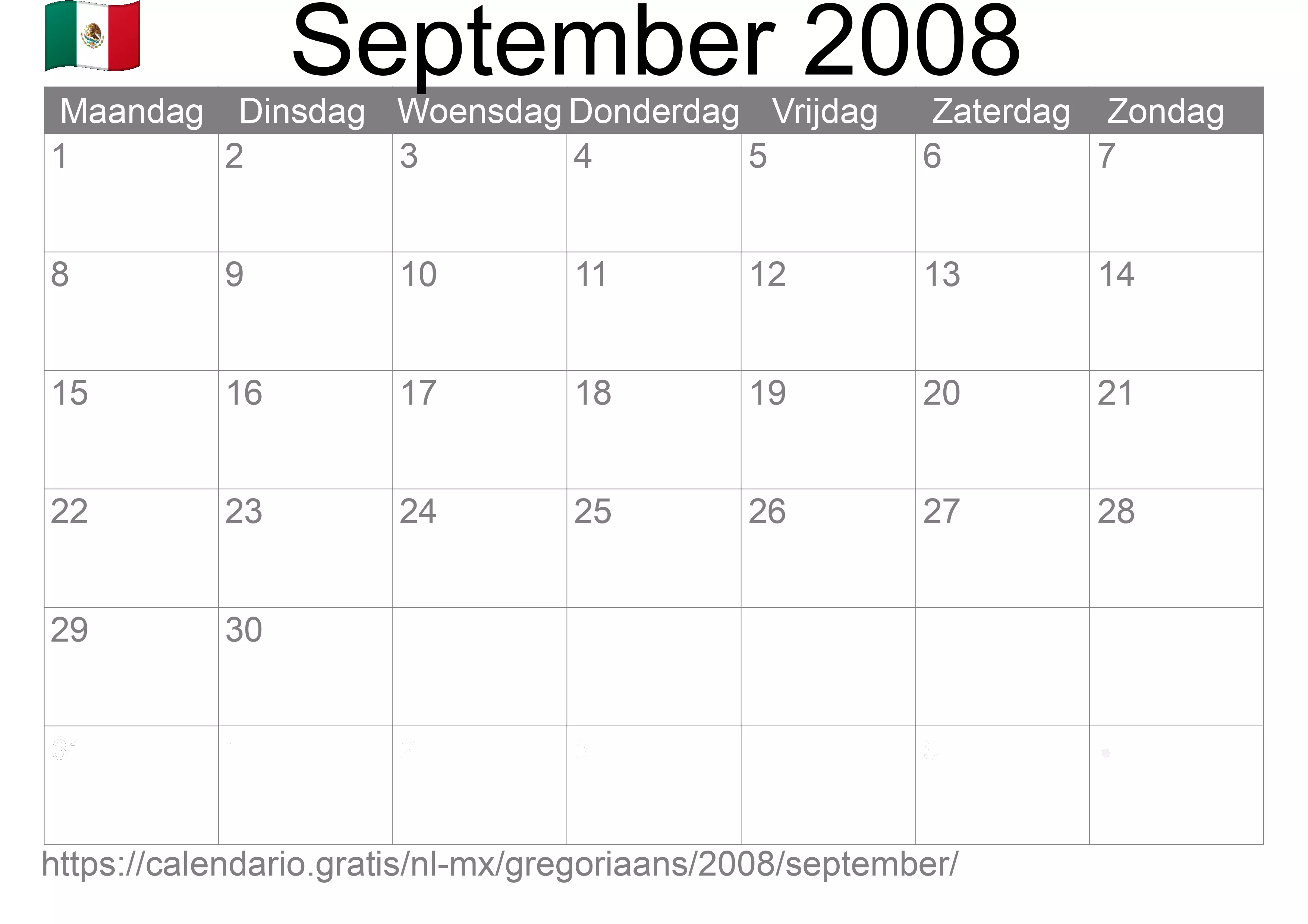Kalender September 2008 om af te drukken (Mexico)