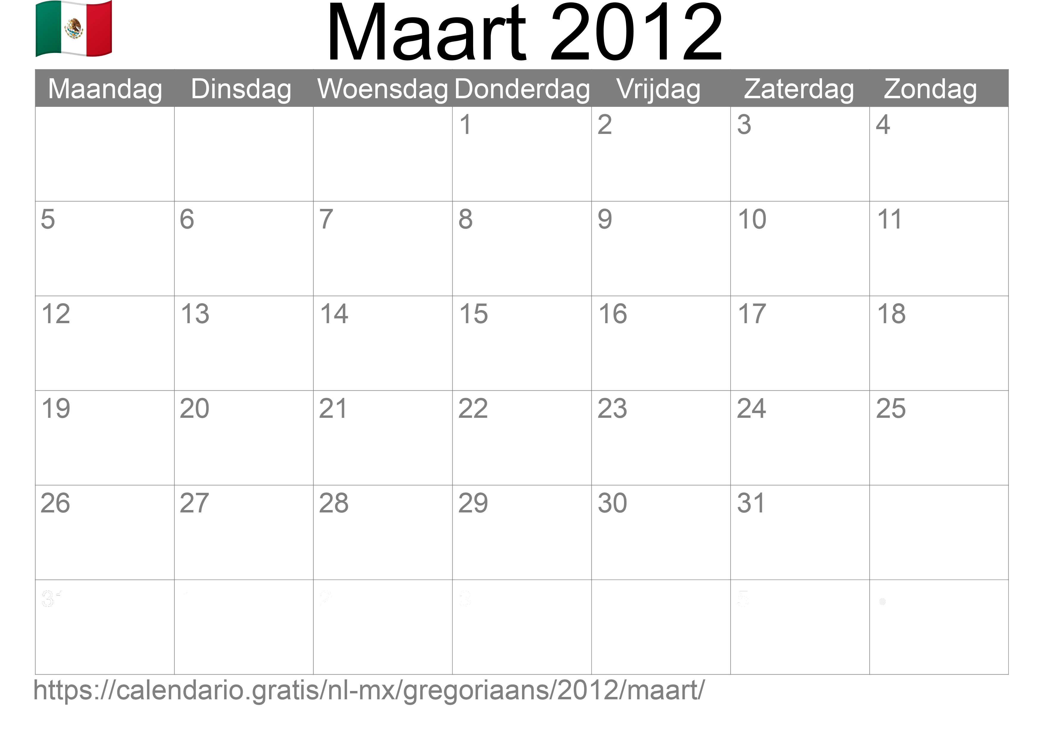 Kalender Maart 2012 om af te drukken