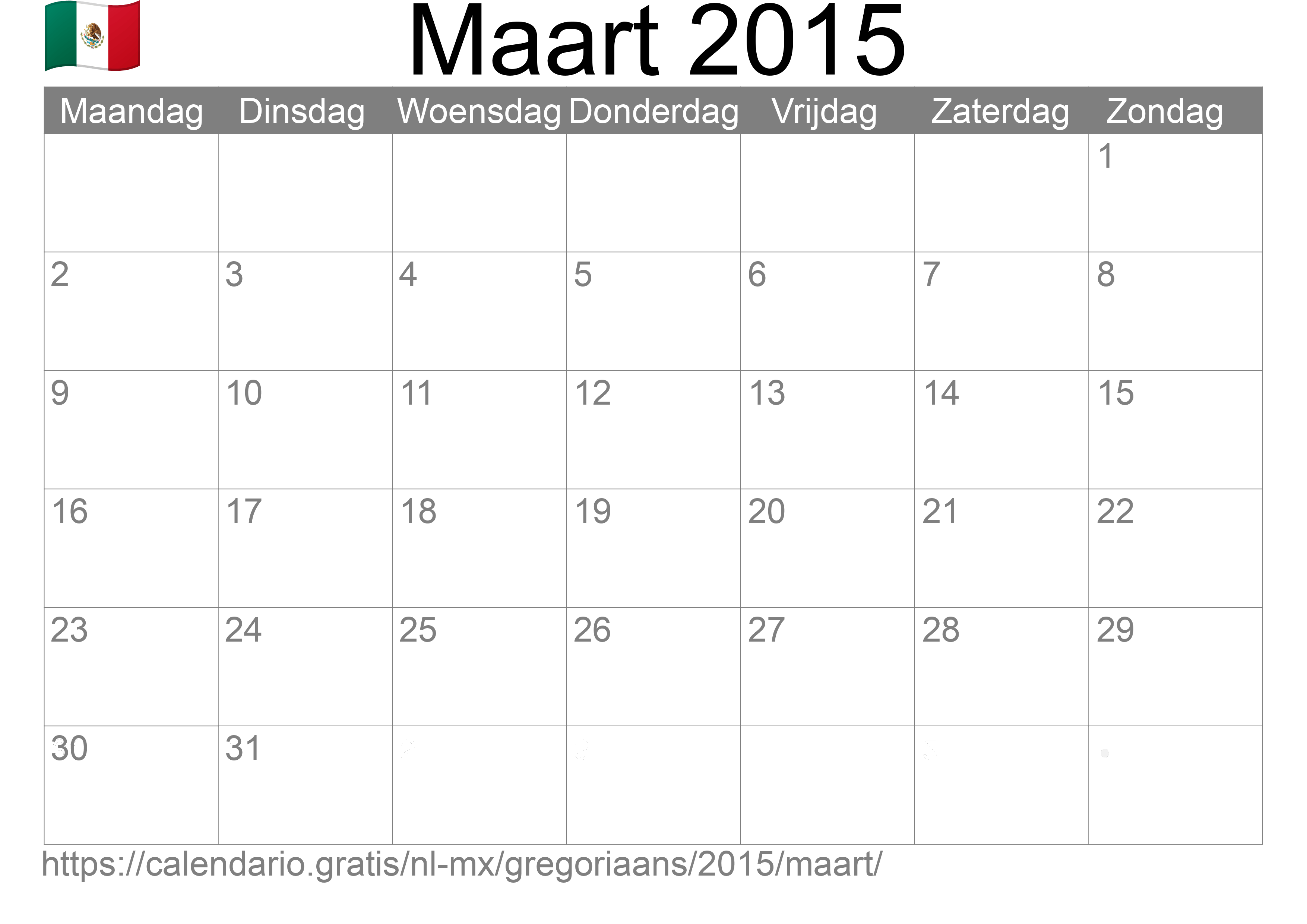 Kalender Maart 2015 om af te drukken