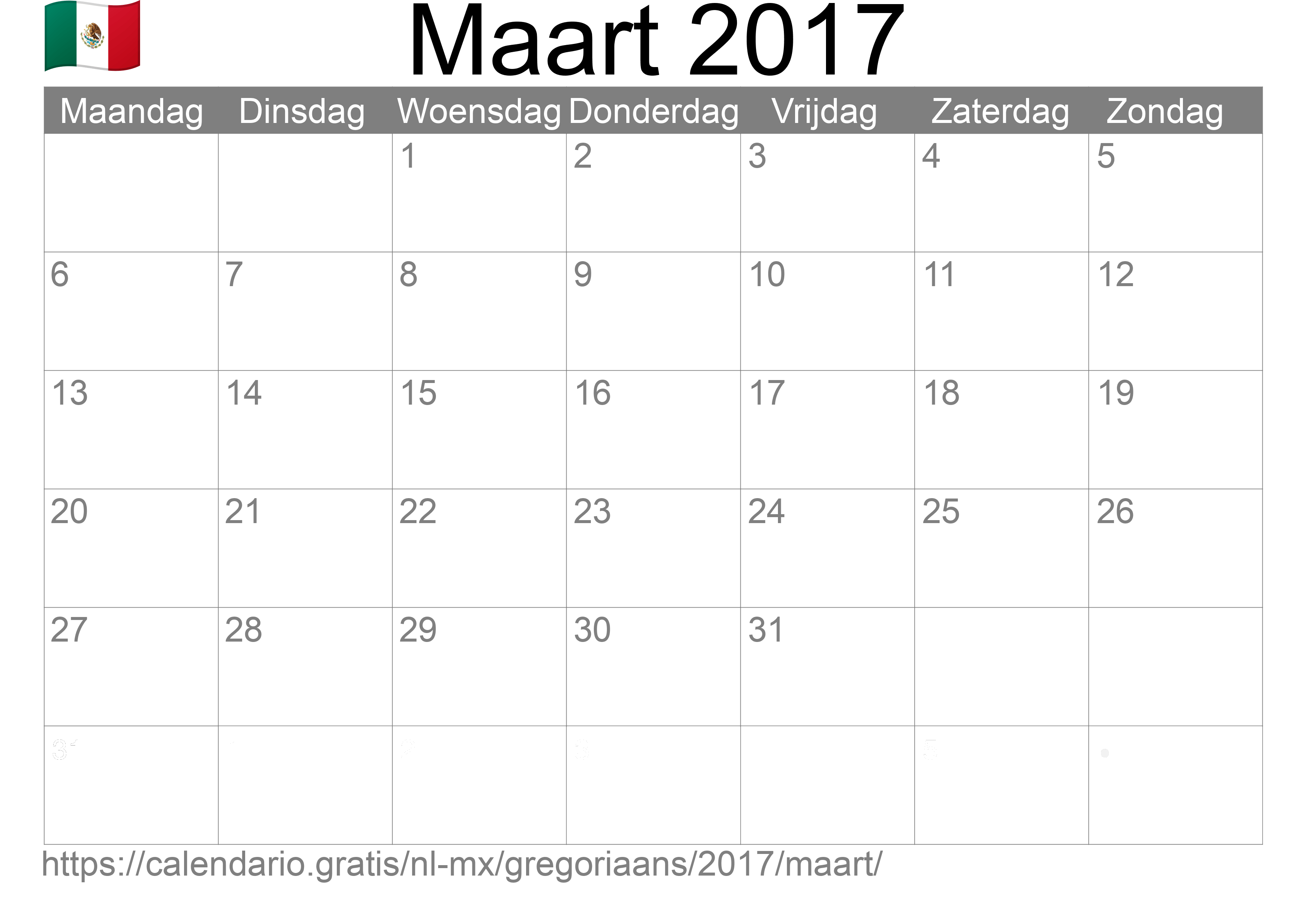 Kalender Maart 2017 om af te drukken