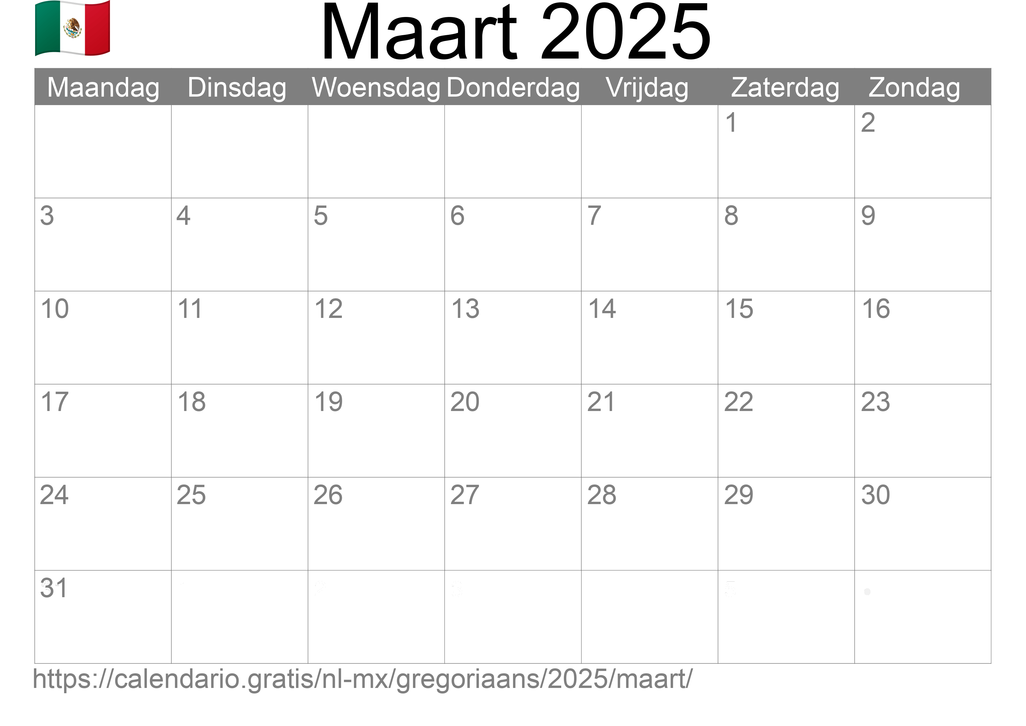 Kalender Maart 2025 om af te drukken