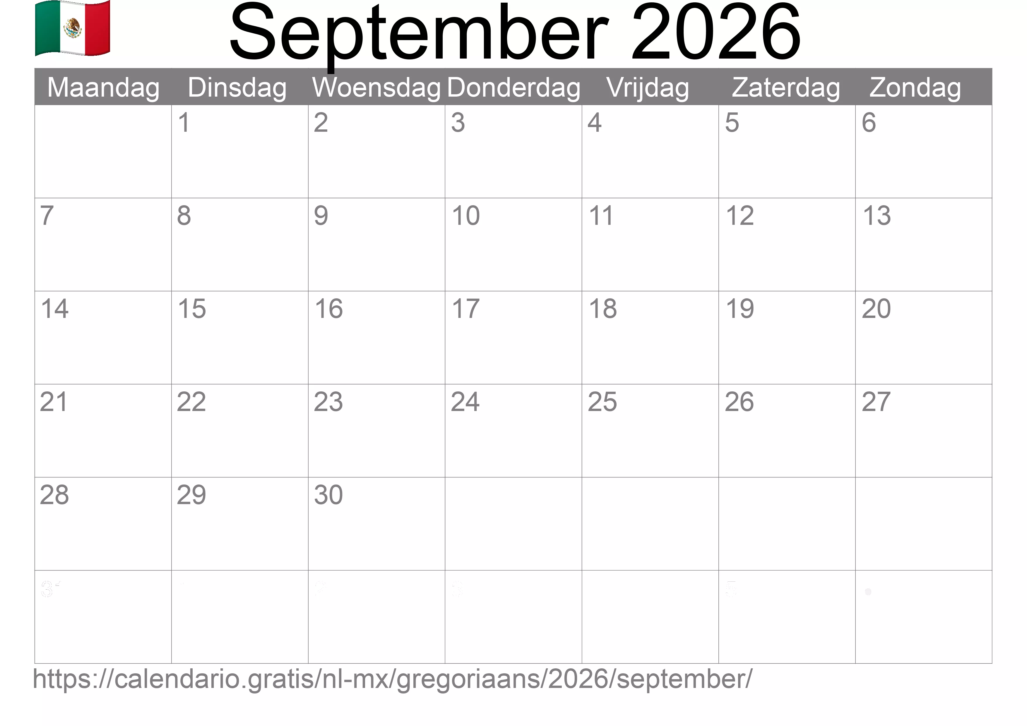 Kalender September 2026 om af te drukken (Mexico)