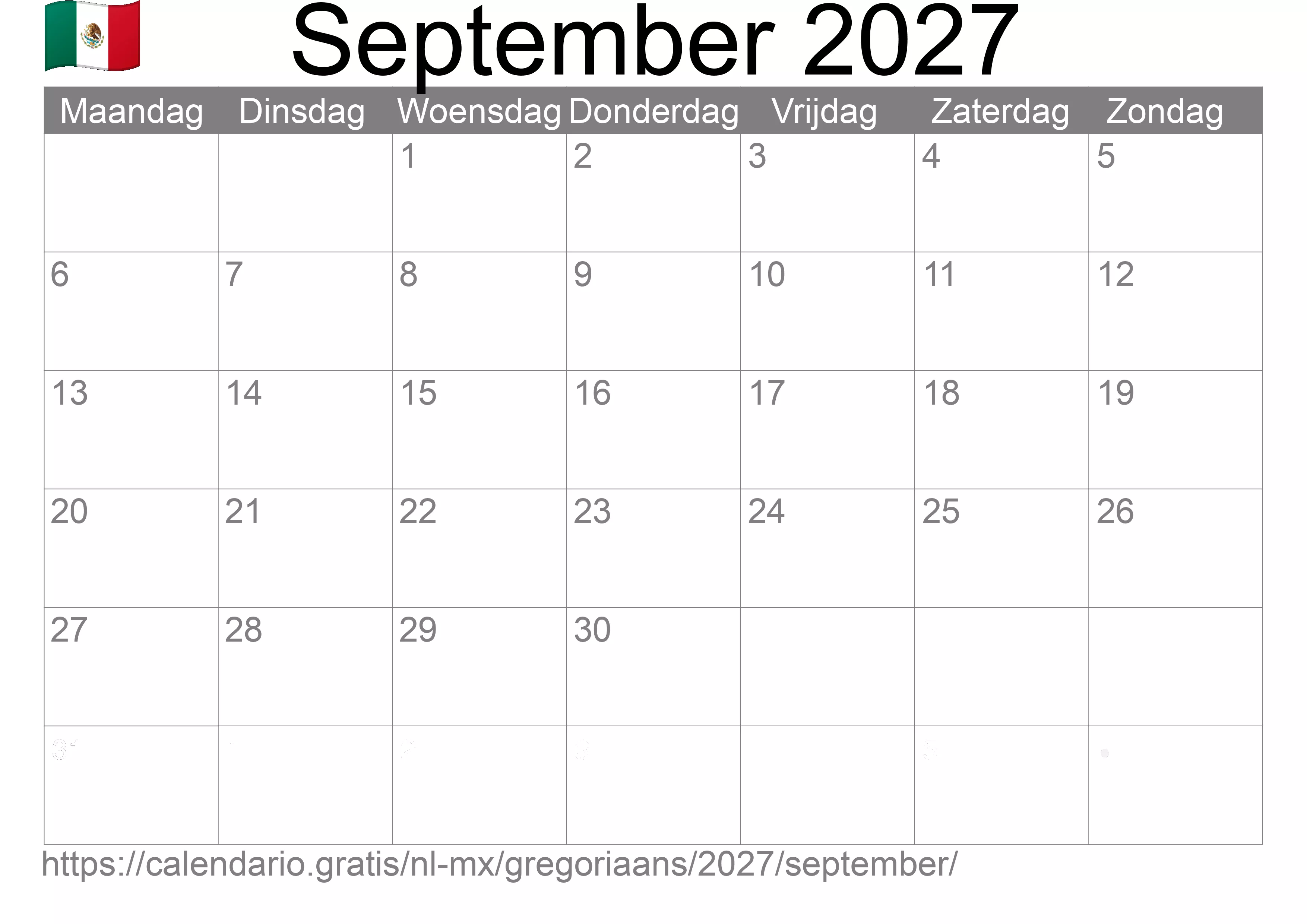 Kalender September 2027 om af te drukken (Mexico)