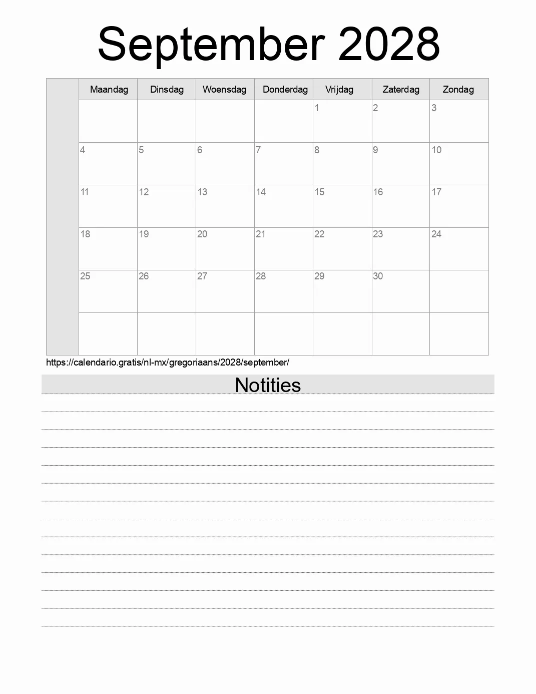 Kalender voor September 2028 om af te drukken met notities. (Mexico)