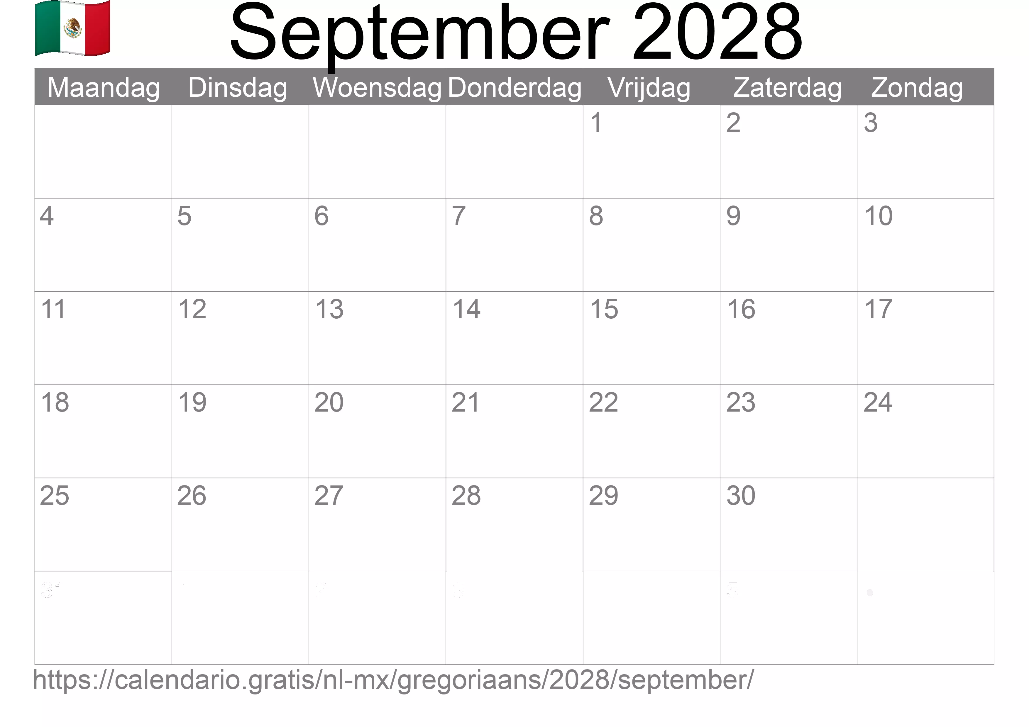 Kalender September 2028 om af te drukken (Mexico)