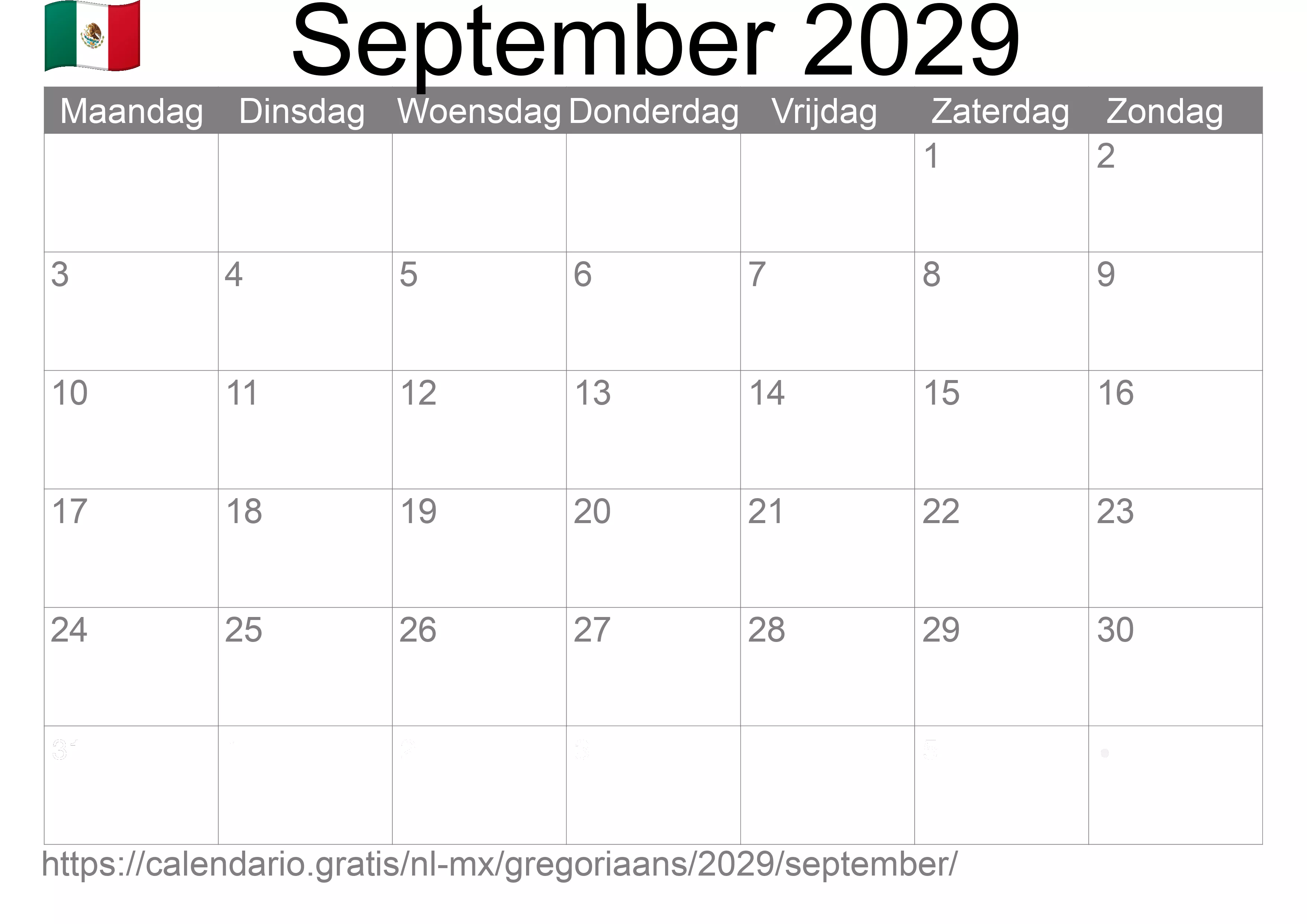 Kalender September 2029 om af te drukken (Mexico)