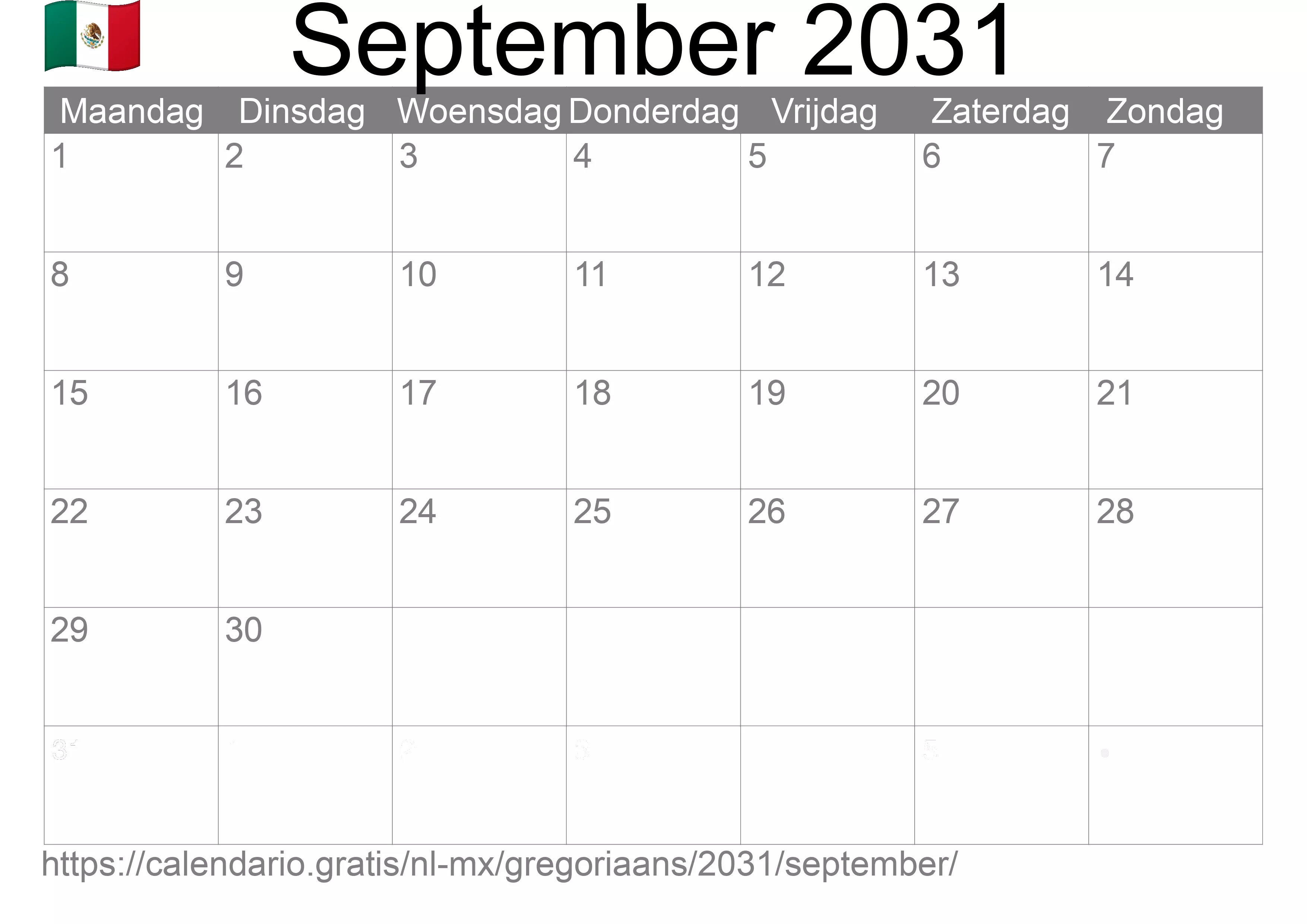 Kalender September 2031 om af te drukken (Mexico)