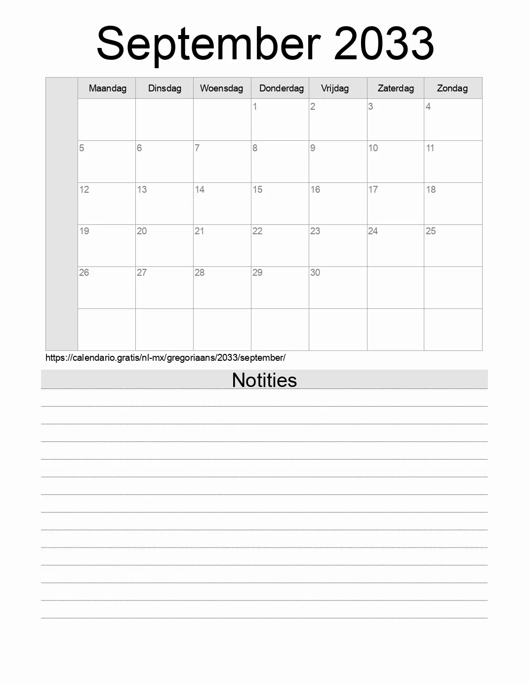 Kalender voor September 2033 om af te drukken met notities. (Mexico)