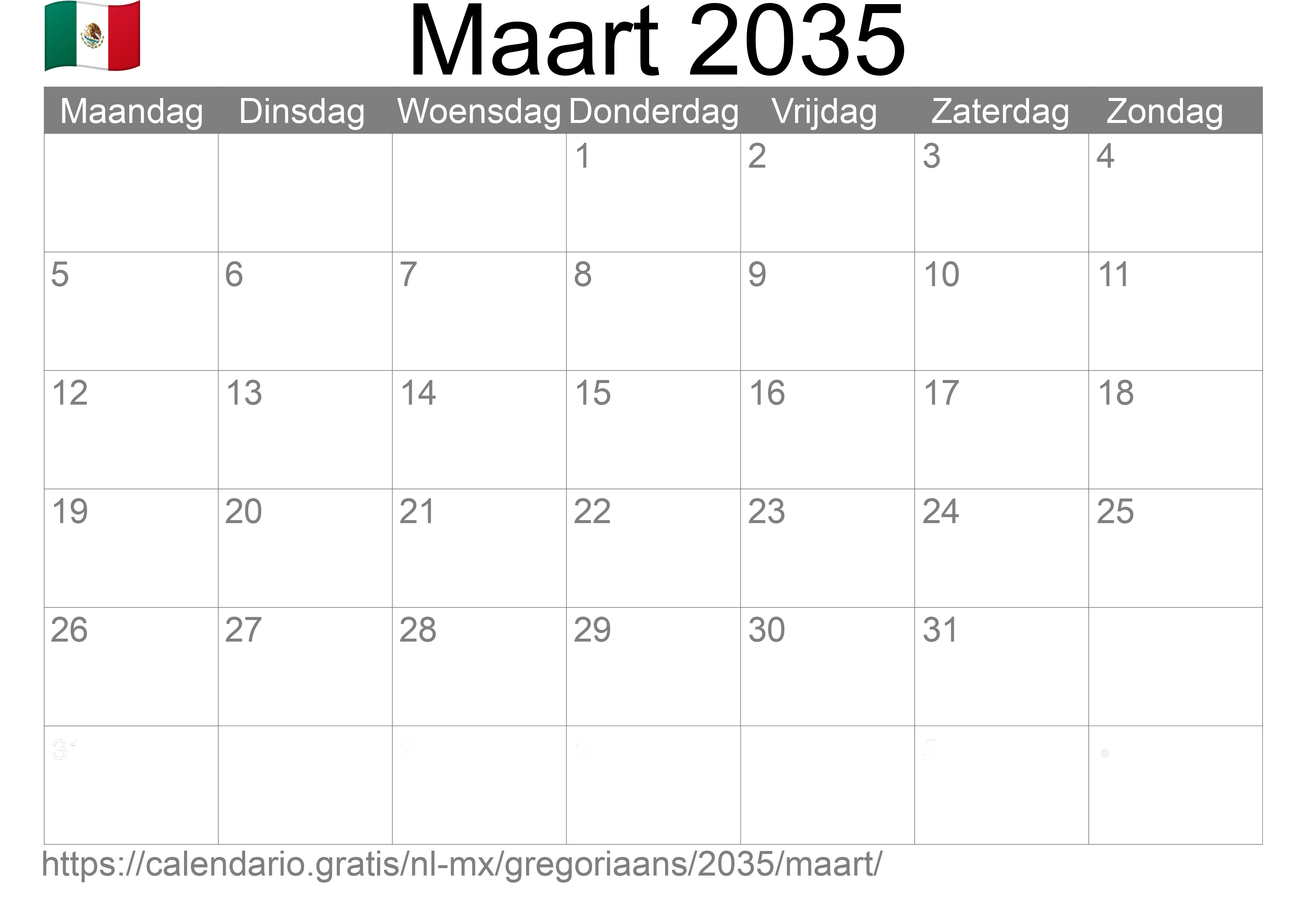 Kalender Maart 2035 om af te drukken