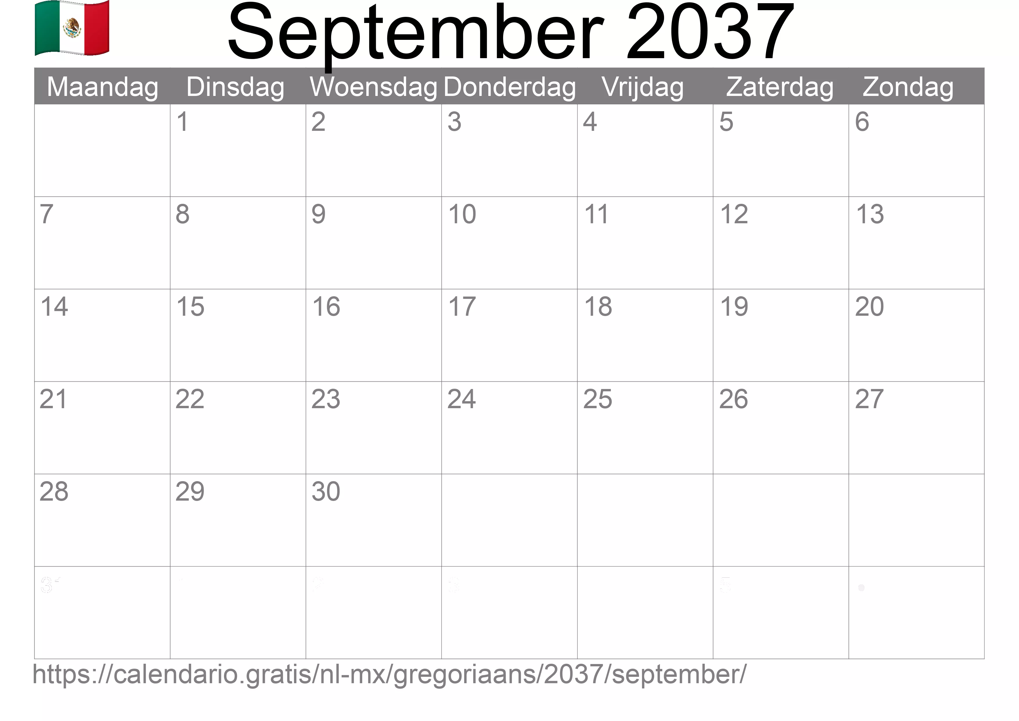 Kalender September 2037 om af te drukken (Mexico)