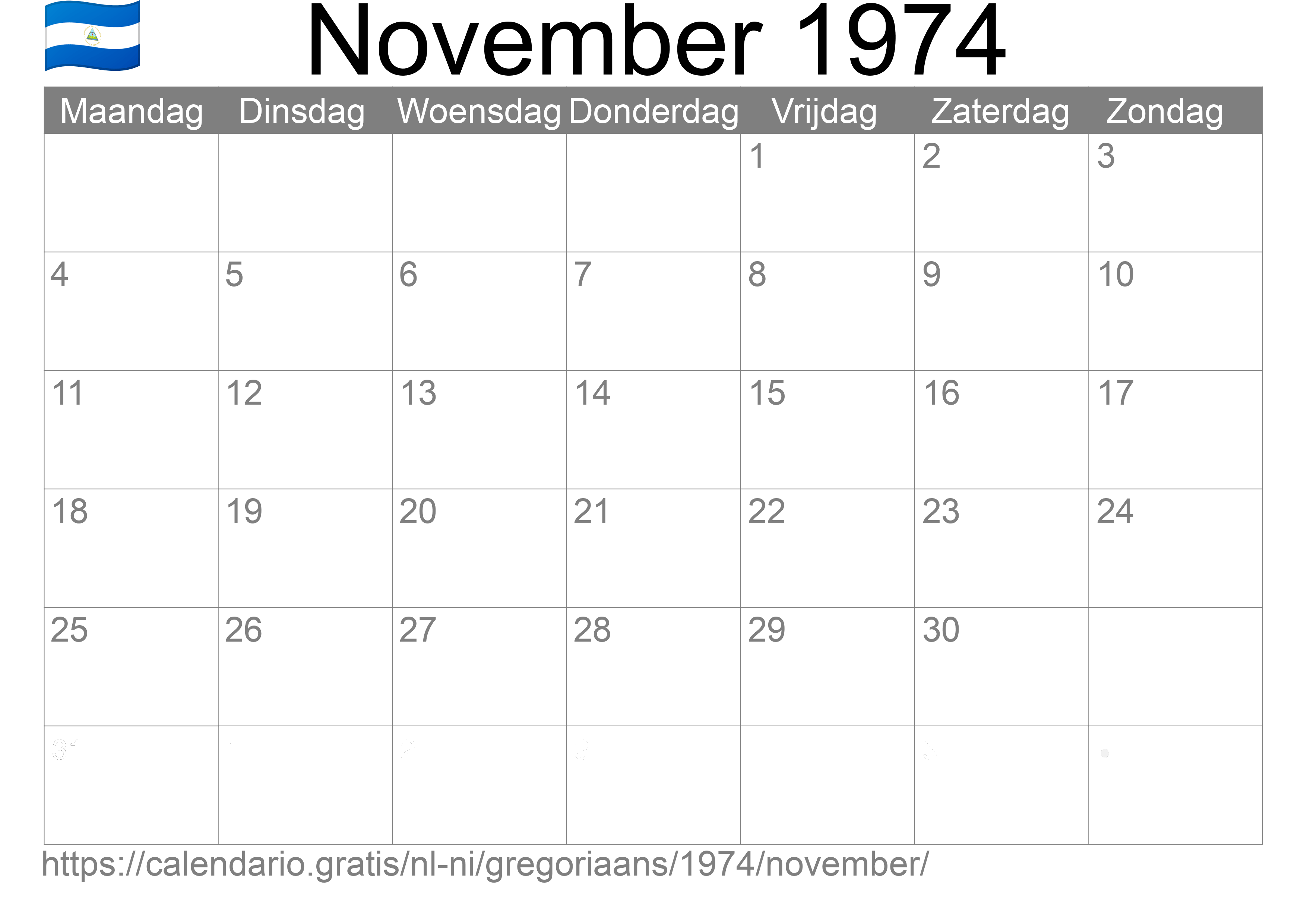 Kalender November 1974 om af te drukken