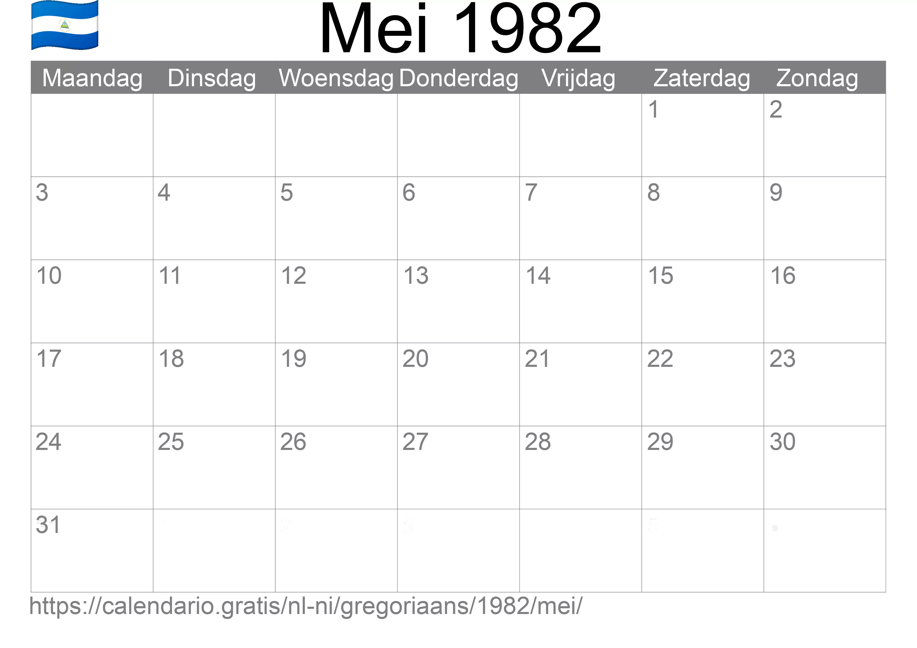 Kalender Mei 1982 om af te drukken (Nicaragua)