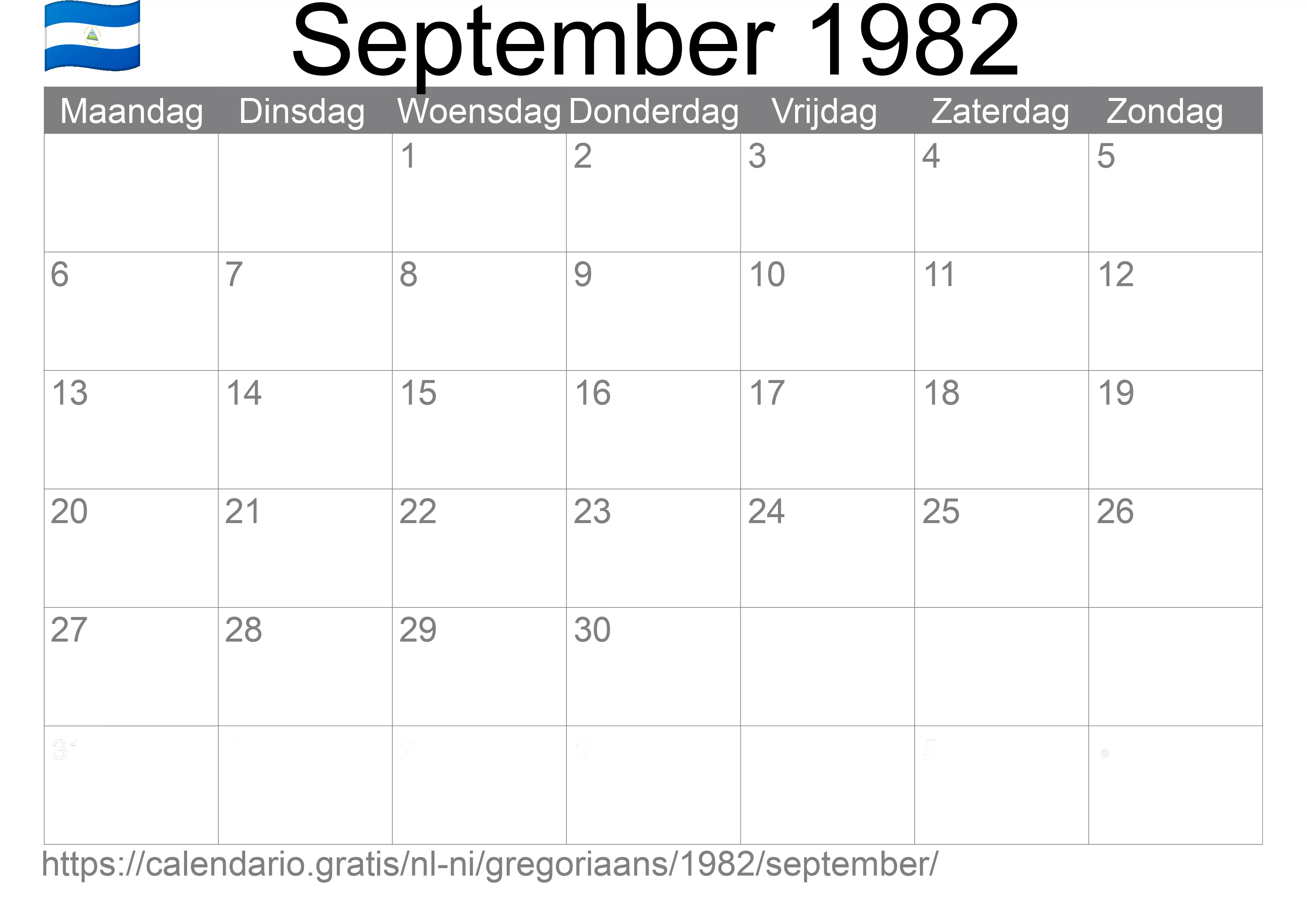 Kalender September 1982 om af te drukken (Nicaragua)