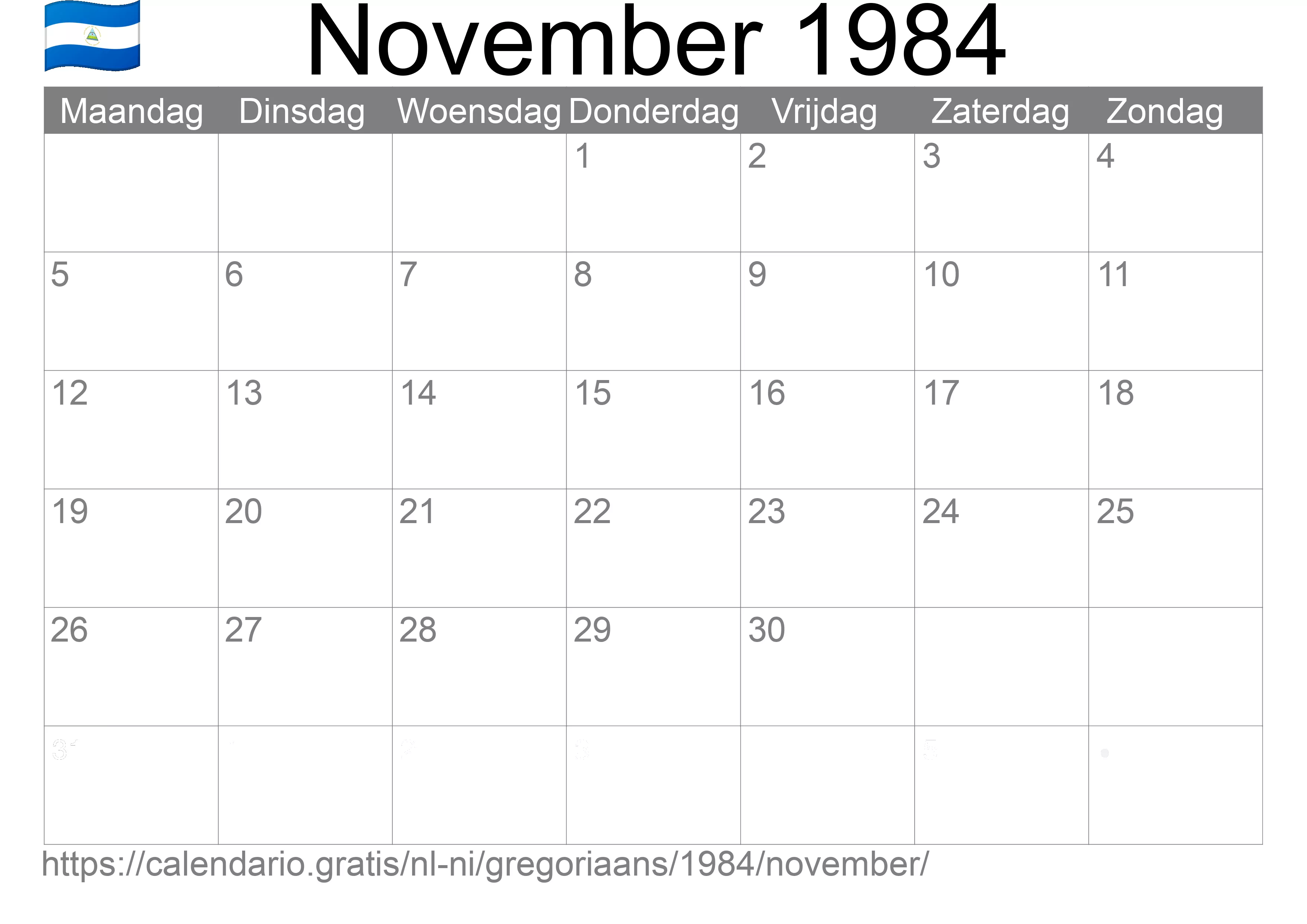 Kalender November 1984 om af te drukken (Nicaragua)