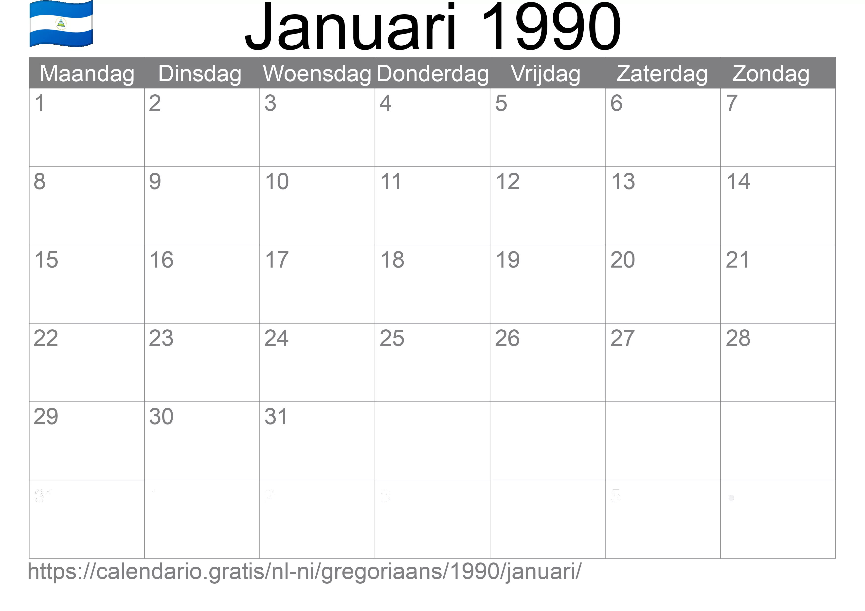 Kalender Januari 1990 om af te drukken (Nicaragua)
