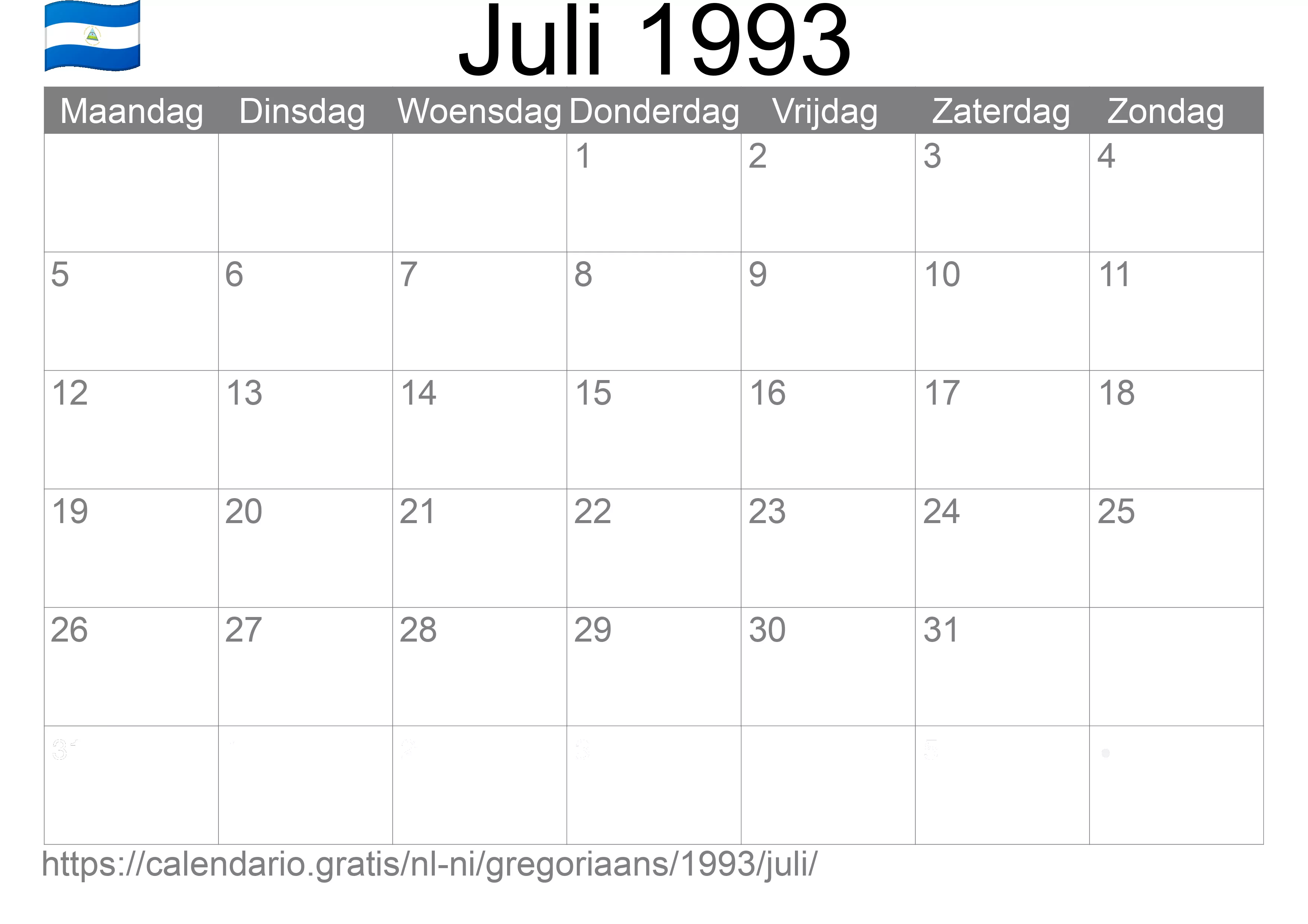 Kalender Juli 1993 om af te drukken (Nicaragua)