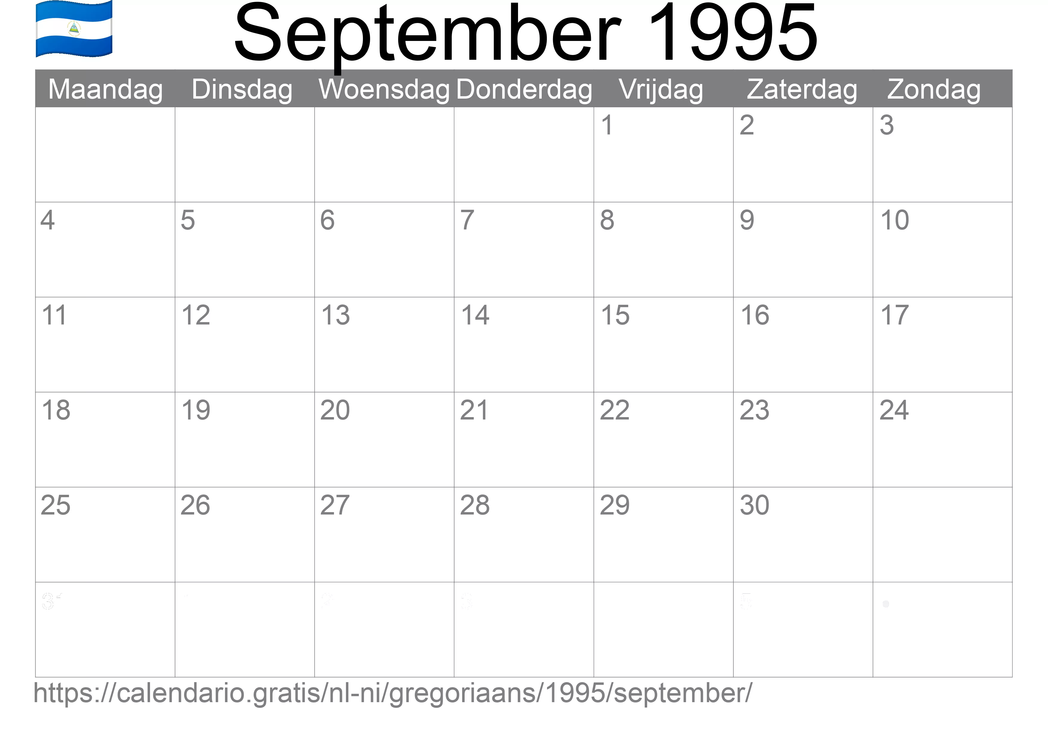 Kalender September 1995 om af te drukken (Nicaragua)