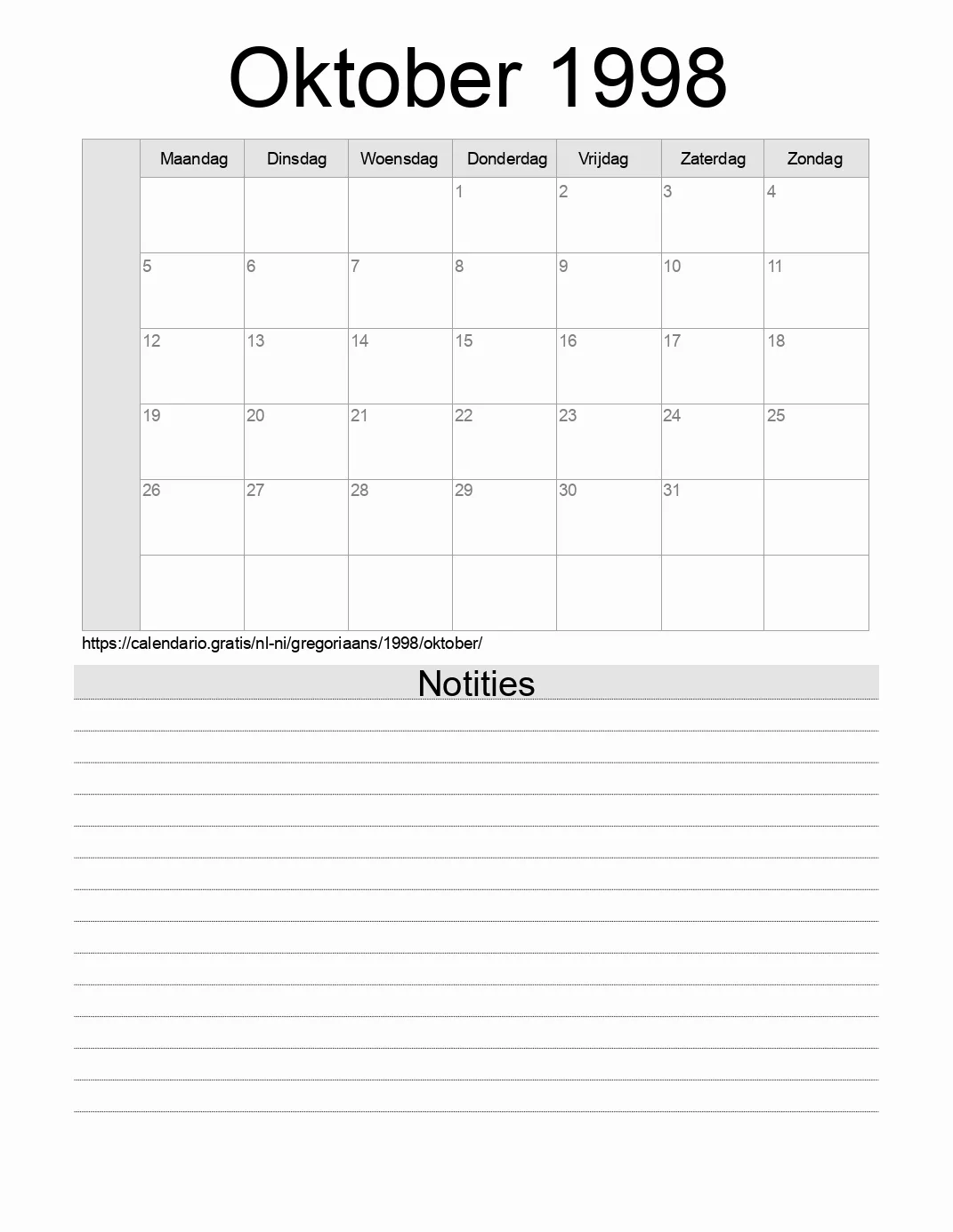 Kalender voor Oktober 1998 om af te drukken met notities. (Nicaragua)