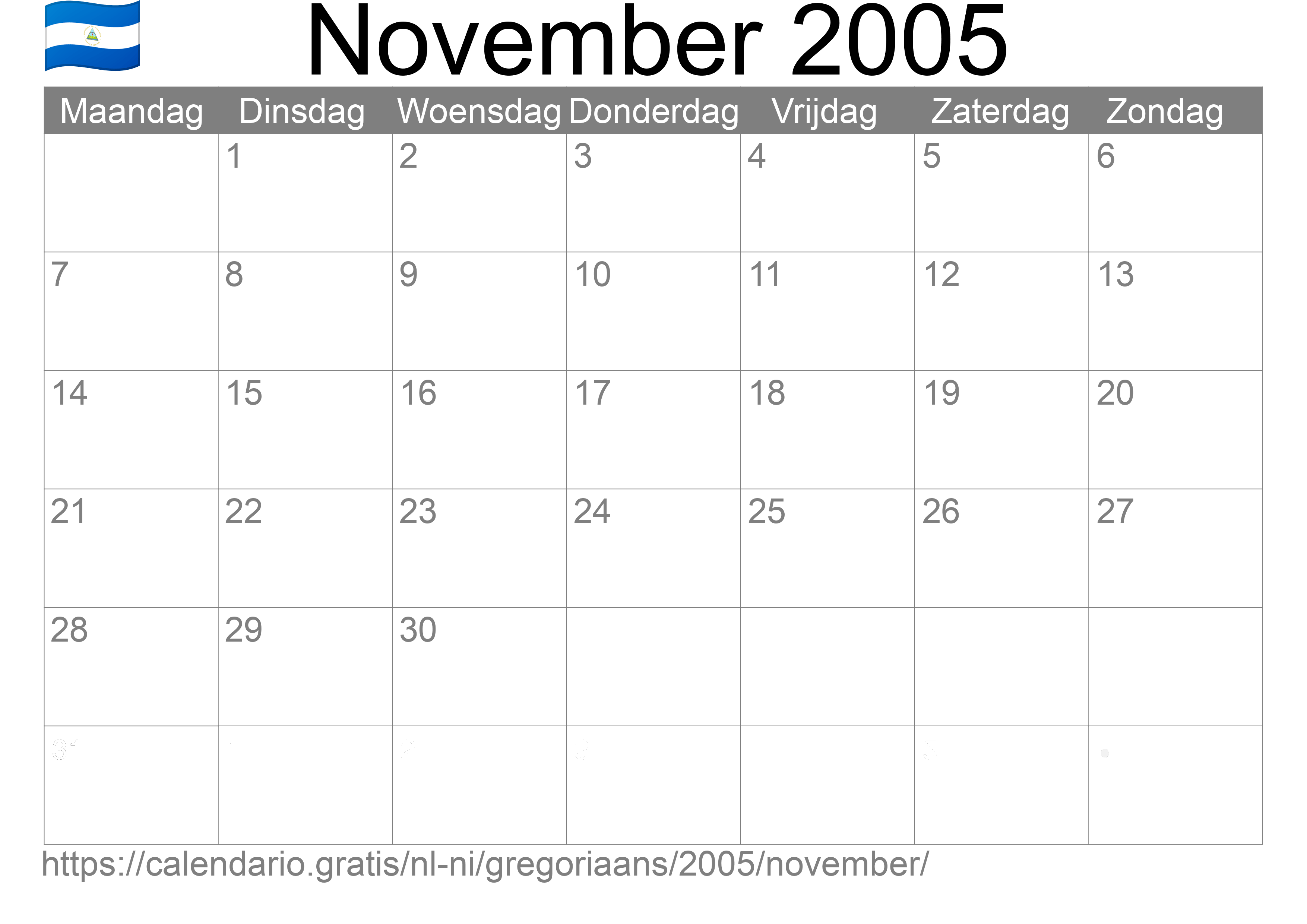 Kalender November 2005 om af te drukken