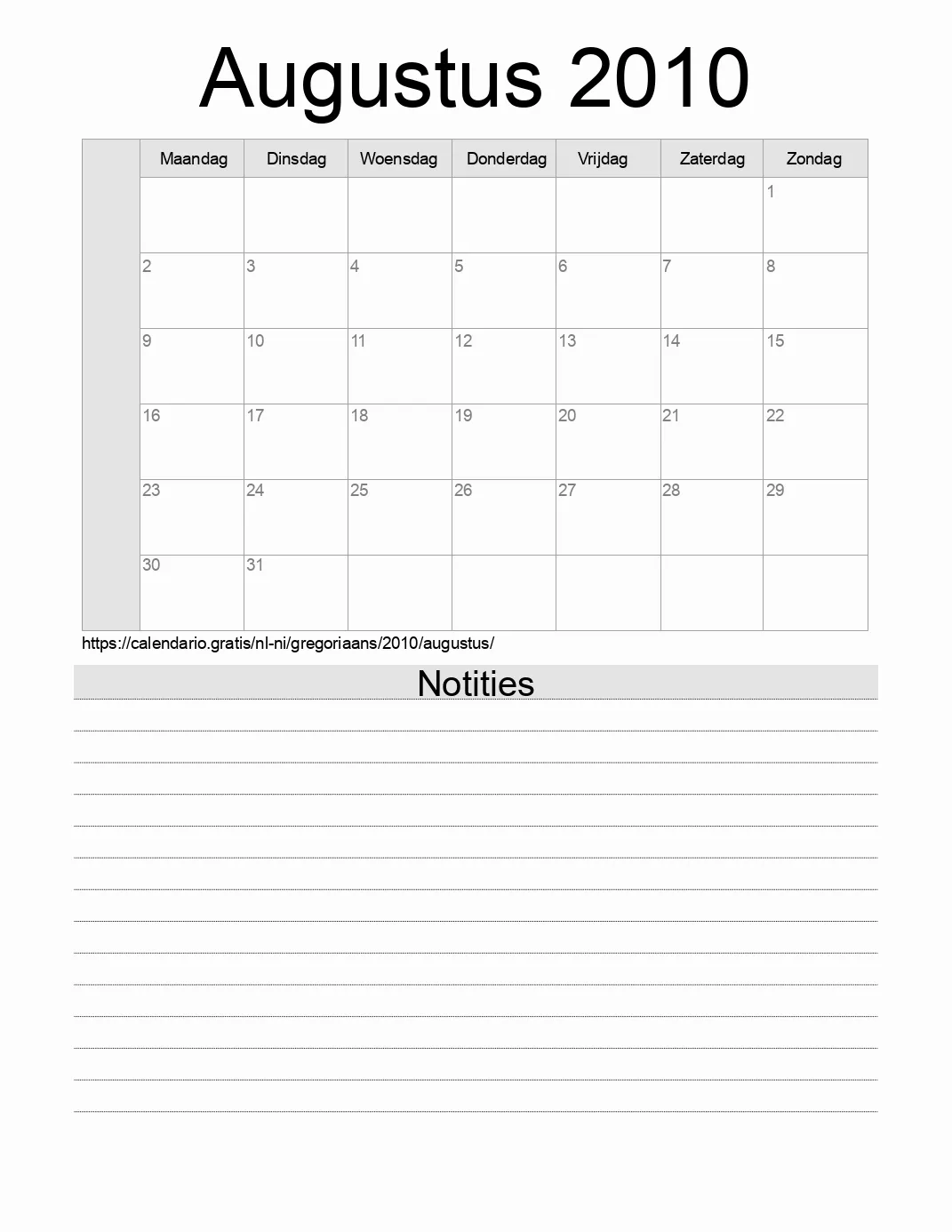 Kalender voor Augustus 2010 om af te drukken met notities. (Nicaragua)