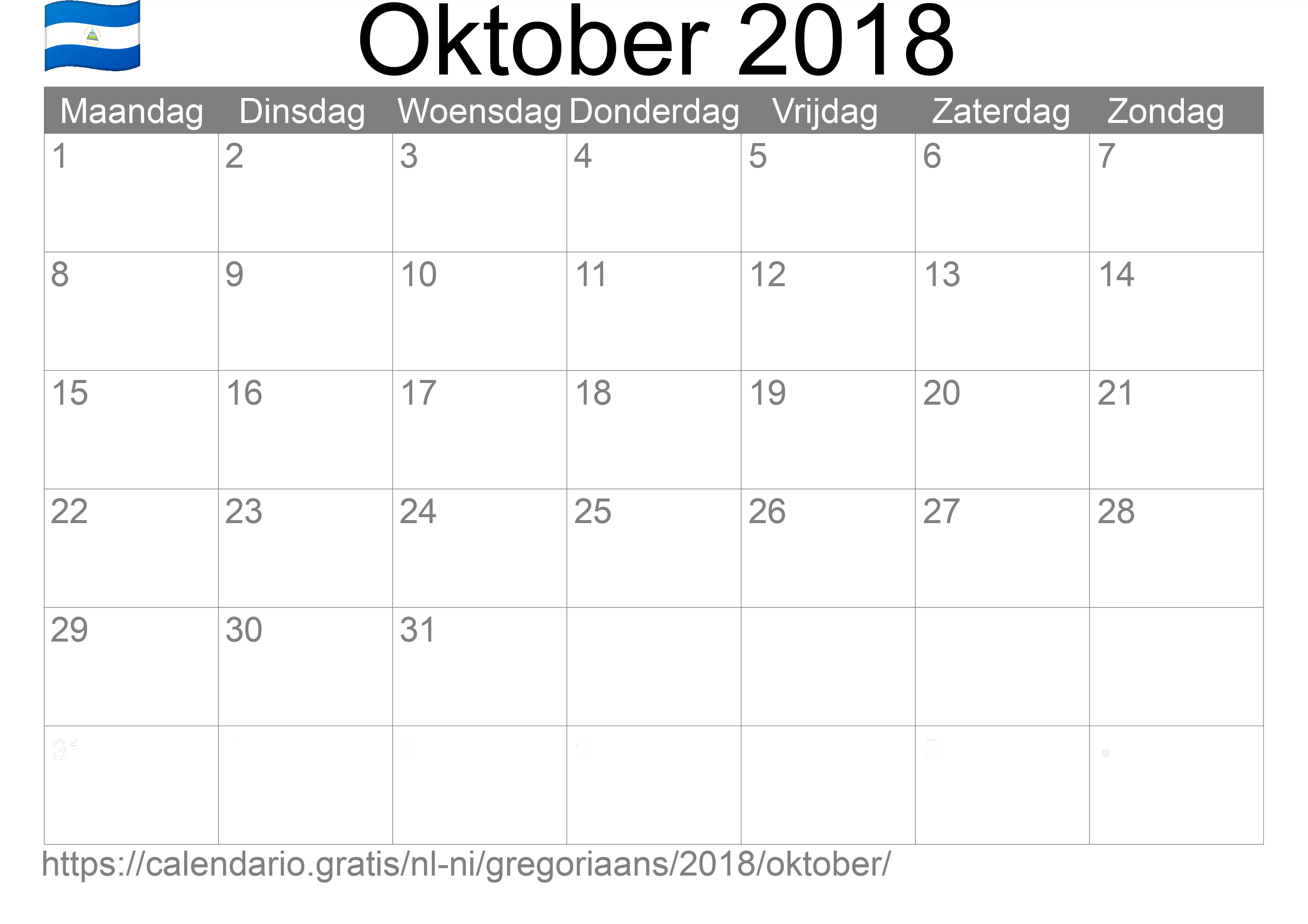 Kalender Oktober 2018 om af te drukken (Nicaragua)