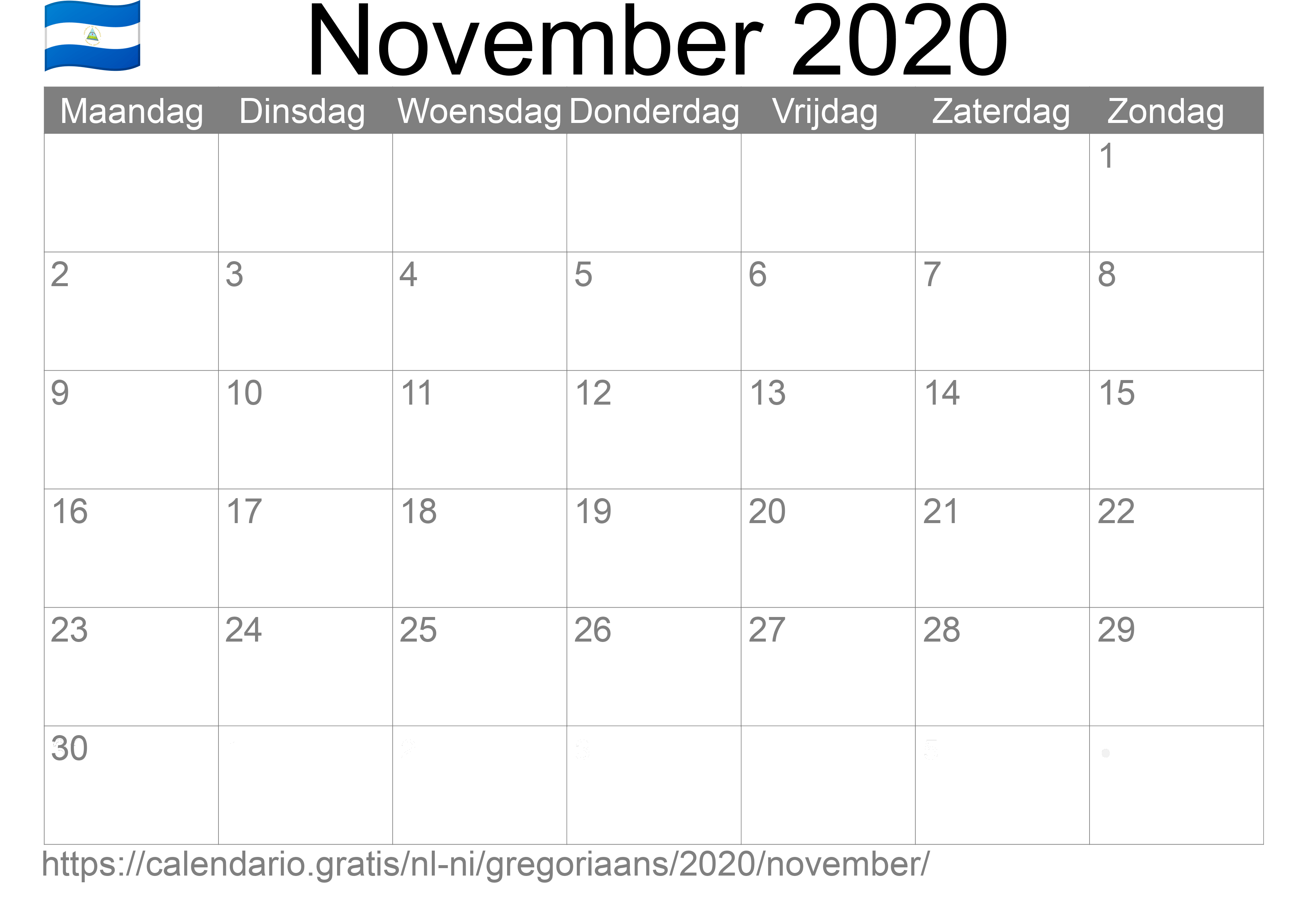 Kalender November 2020 om af te drukken