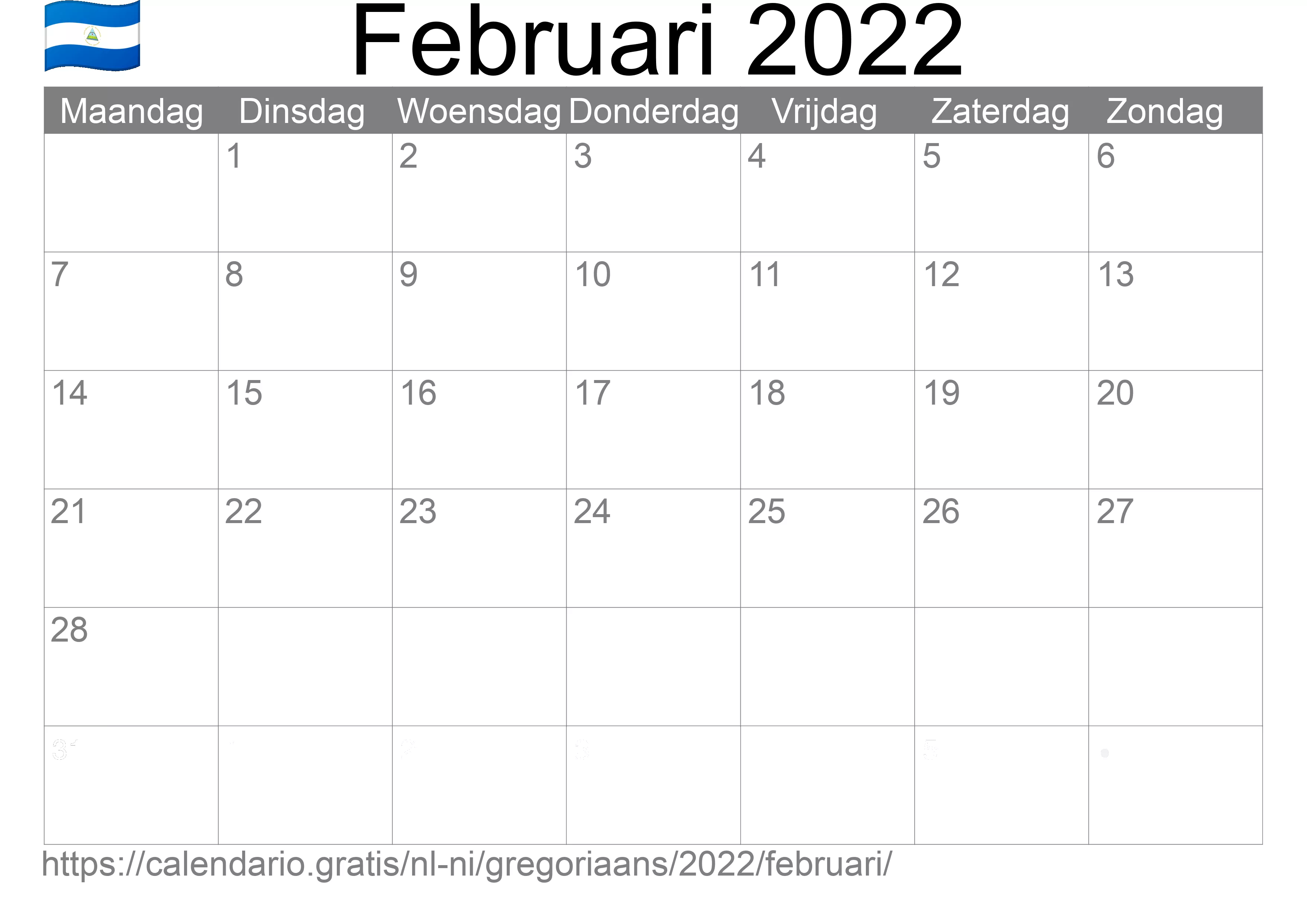 Kalender Februari 2022 om af te drukken (Nicaragua) Kalender Februari 2022 om af te drukken (Nicaragua)