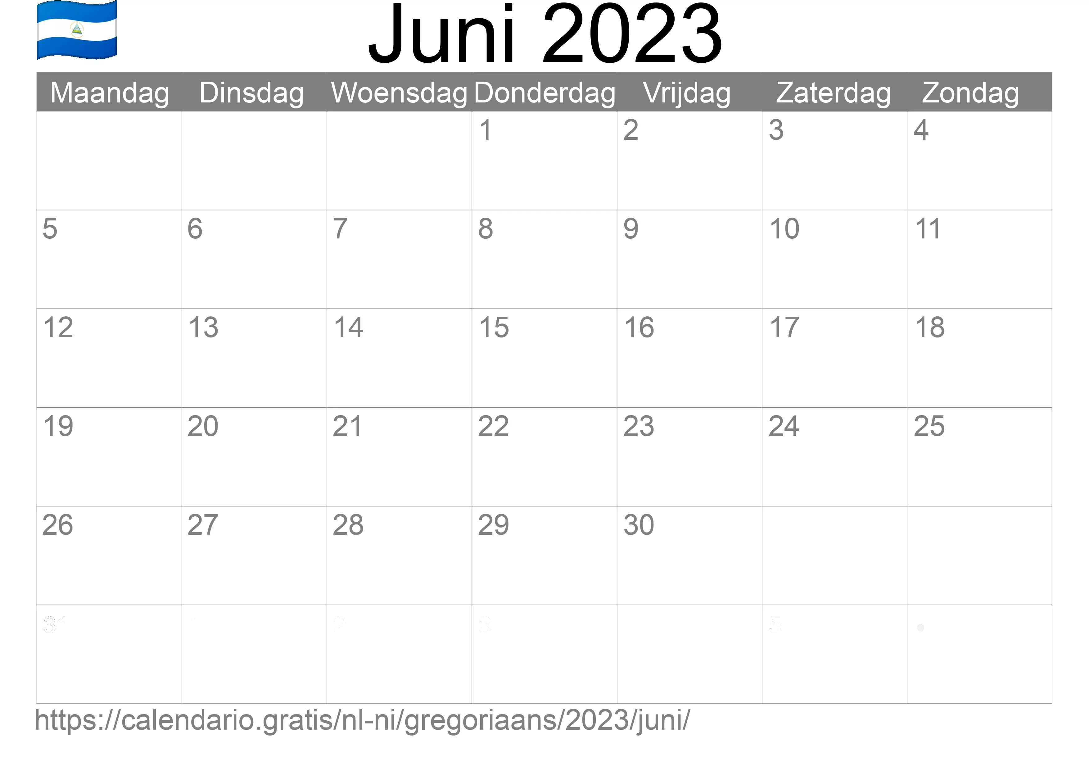Kalender Juni 2023 om af te drukken (Nicaragua)
