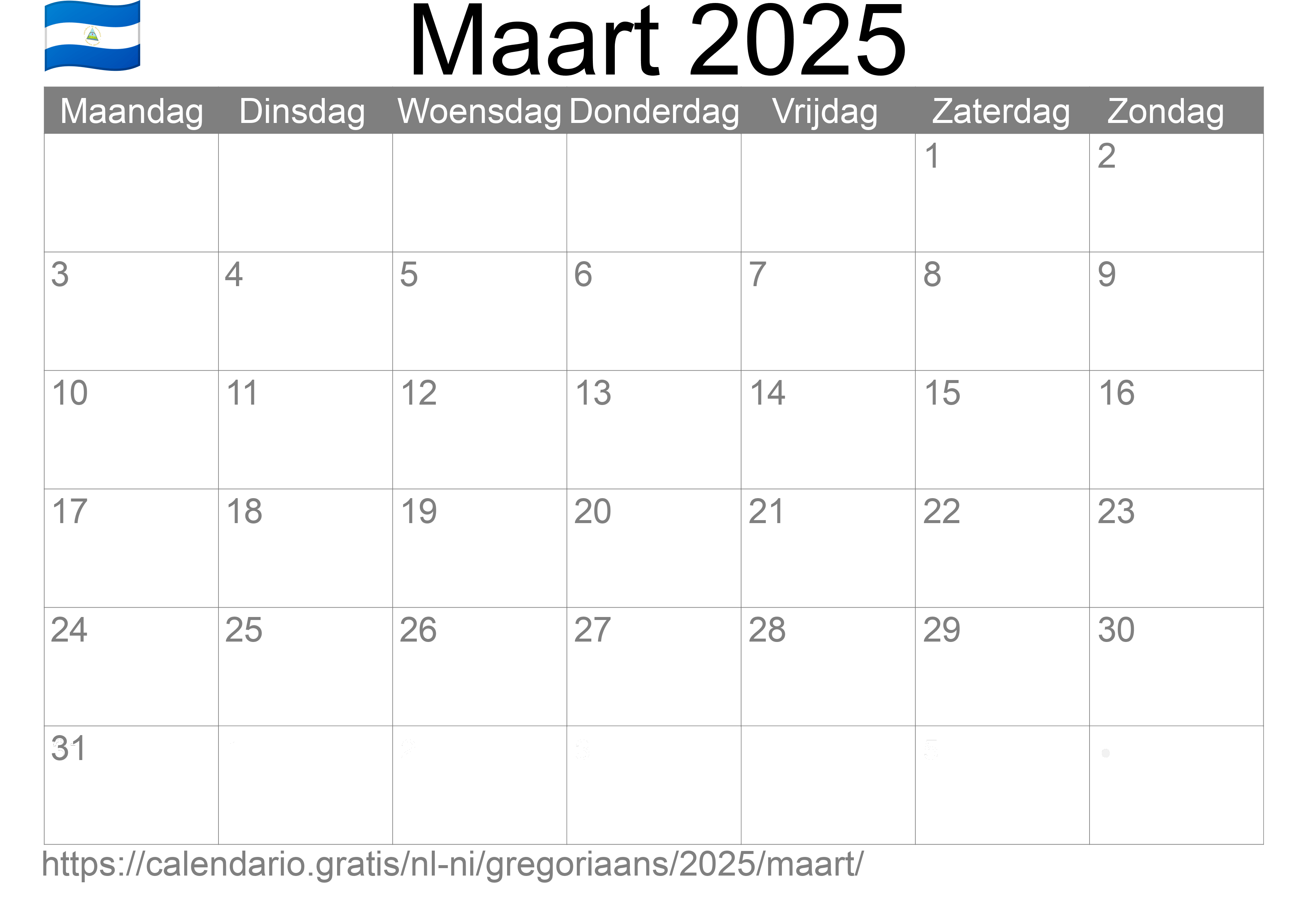 Kalender Maart 2025 om af te drukken