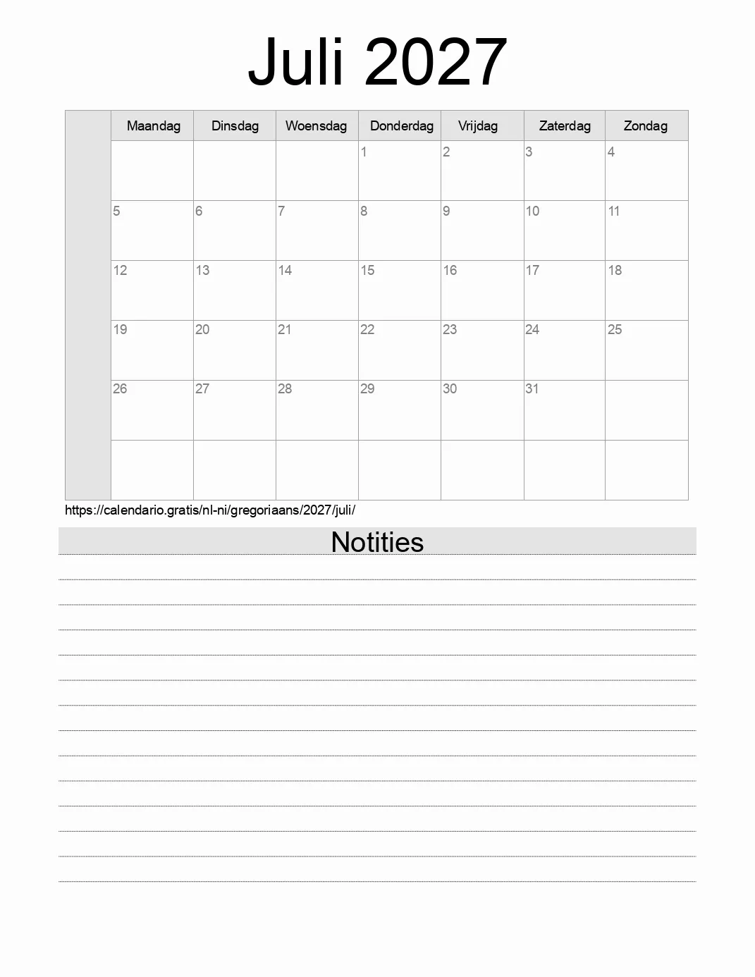 Kalender voor Juli 2027 om af te drukken met notities. (Nicaragua) Kalender voor Juli 2027 om af te drukken met notities. (Nicaragua)