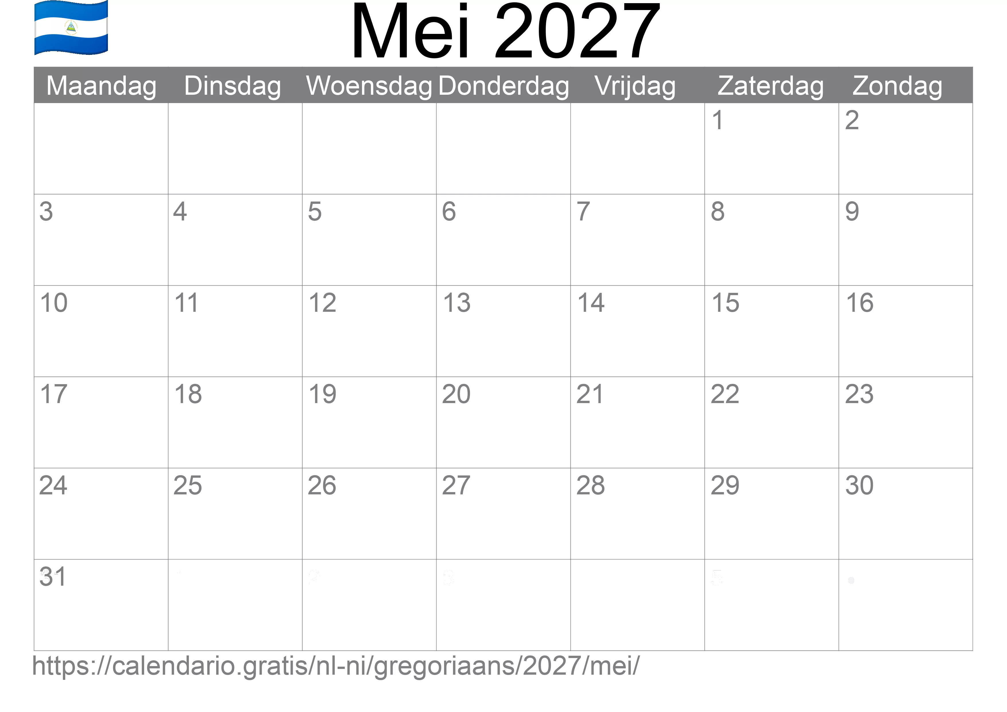 Kalender Mei 2027 om af te drukken (Nicaragua)