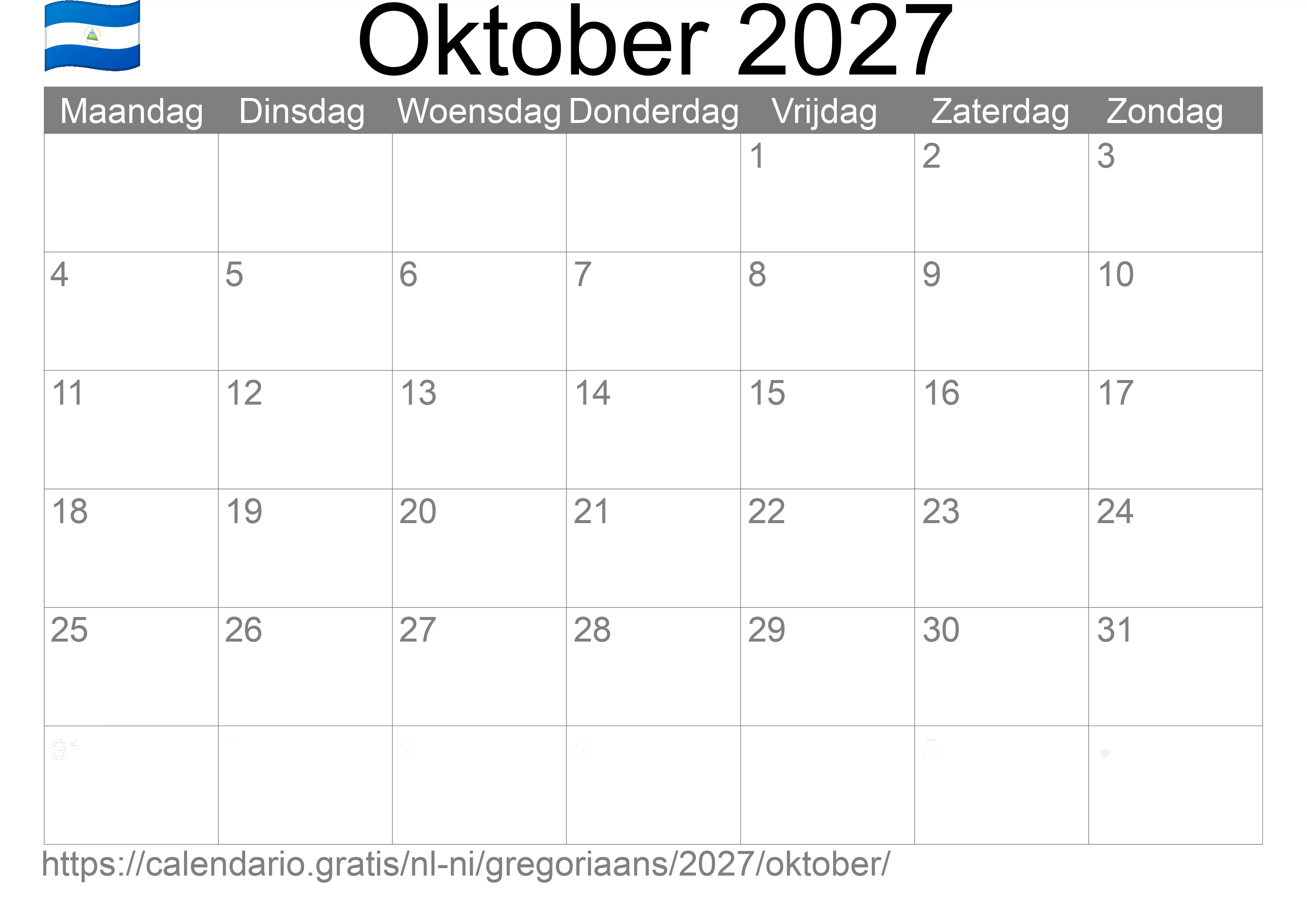 Kalender Oktober 2027 om af te drukken (Nicaragua)