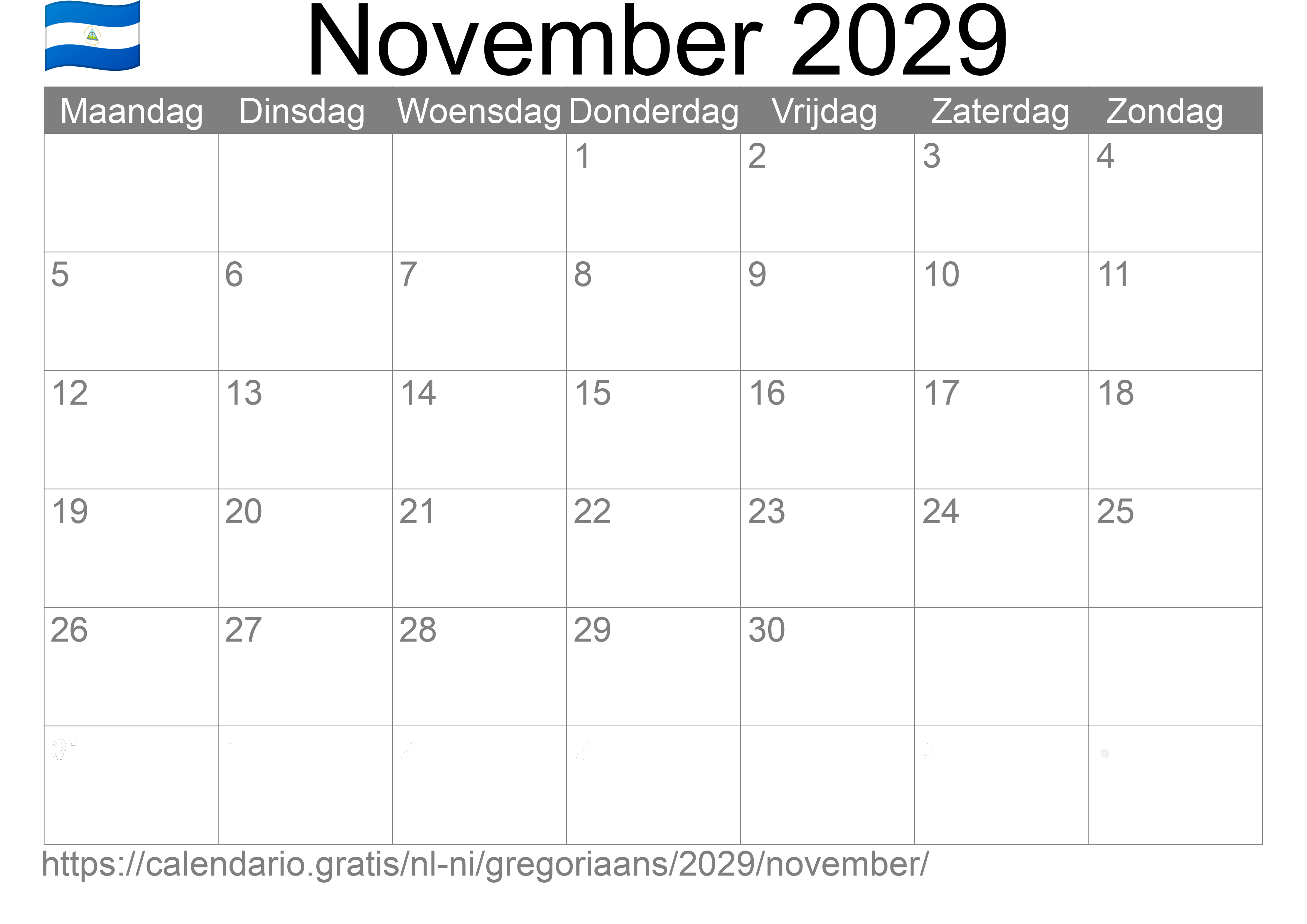 Kalender November 2029 om af te drukken