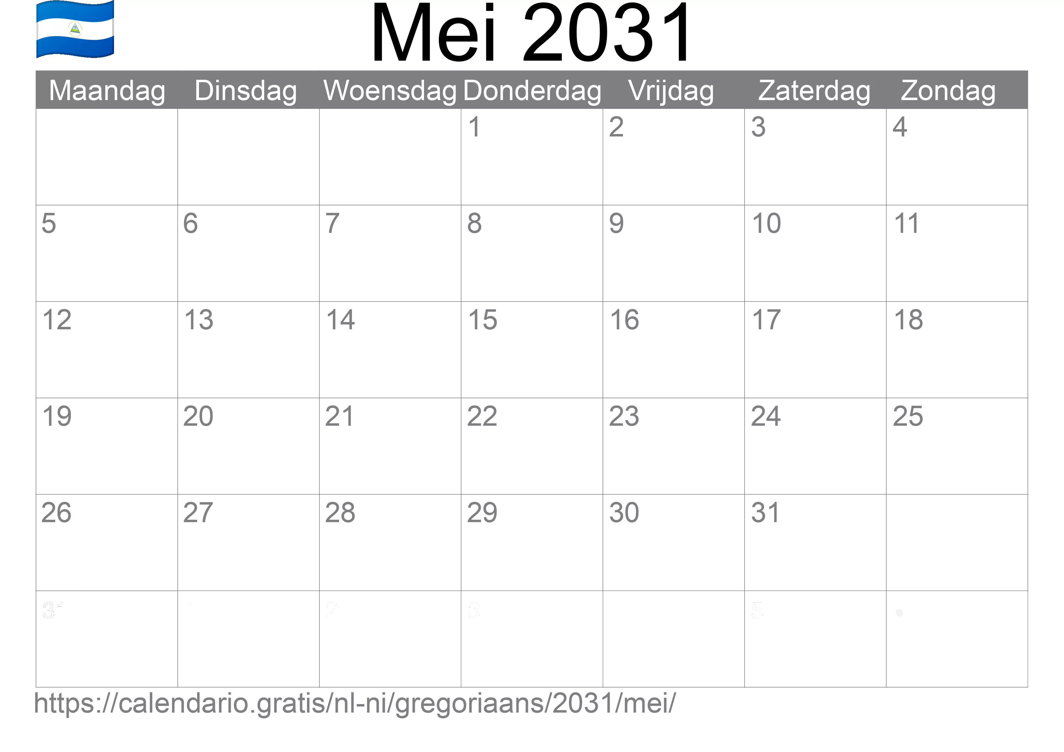 Kalender Mei 2031 om af te drukken (Nicaragua)