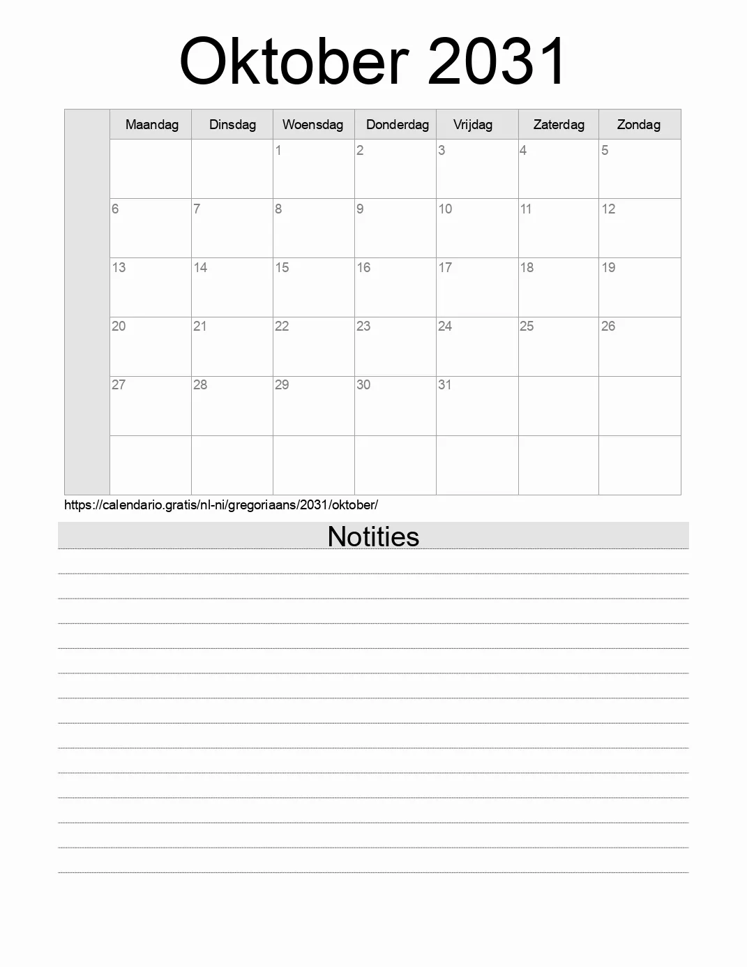 Kalender voor Oktober 2031 om af te drukken met notities. (Nicaragua)
