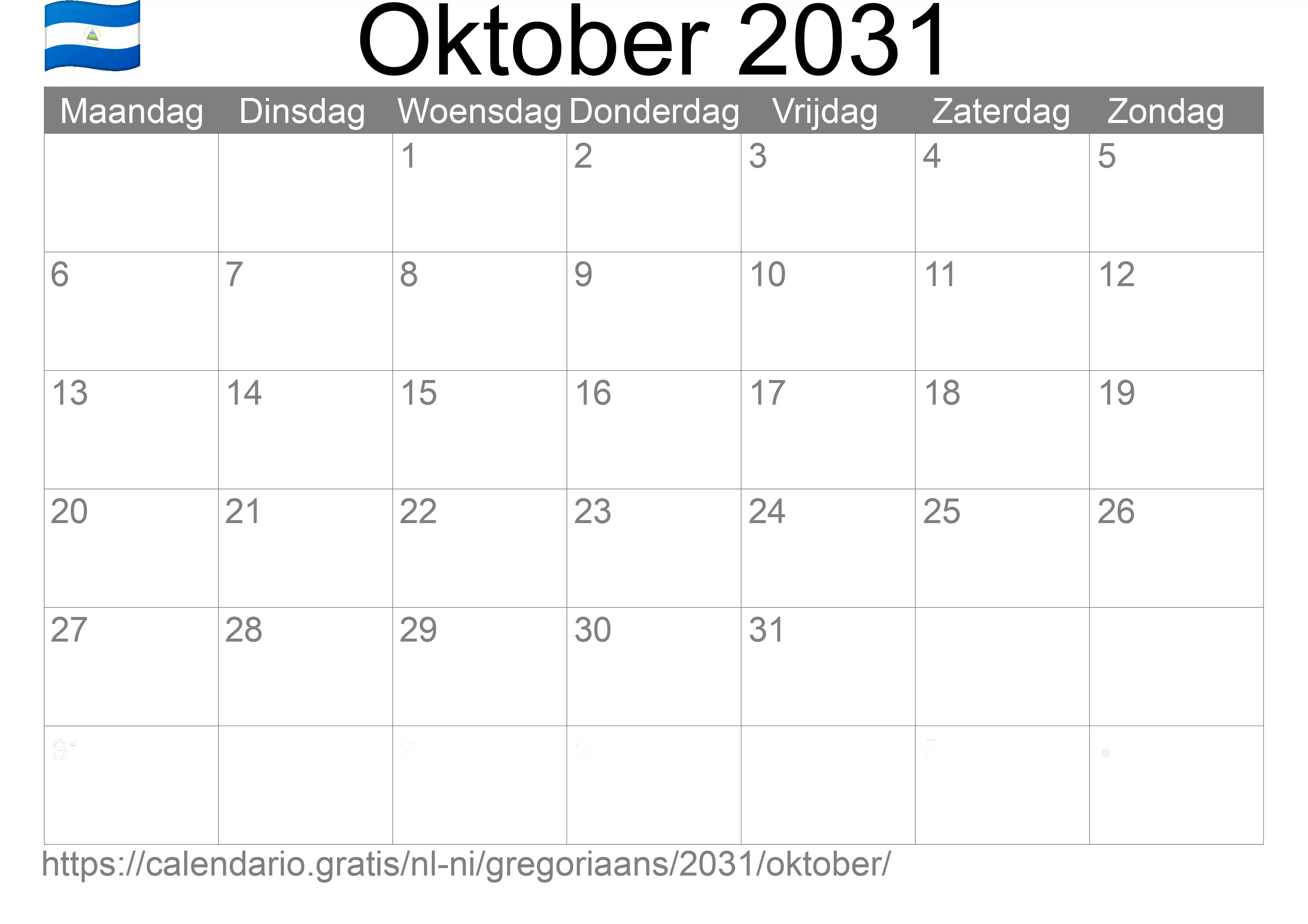 Kalender Oktober 2031 om af te drukken (Nicaragua)