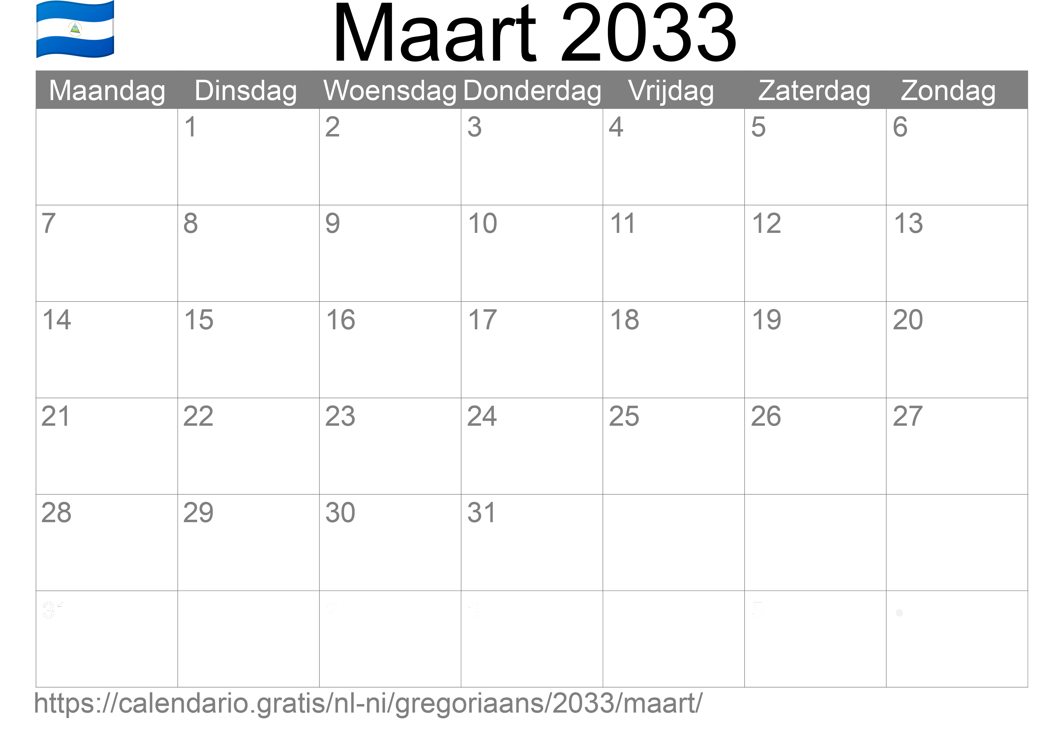 Kalender Maart 2033 om af te drukken