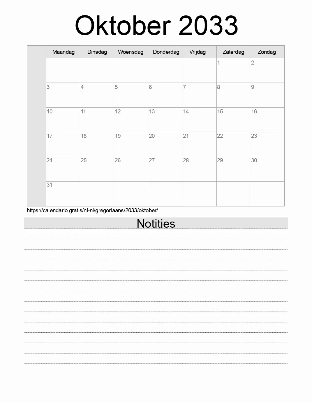 Kalender voor Oktober 2033 om af te drukken met notities. (Nicaragua) Kalender voor Oktober 2033 om af te drukken met notities. (Nicaragua)