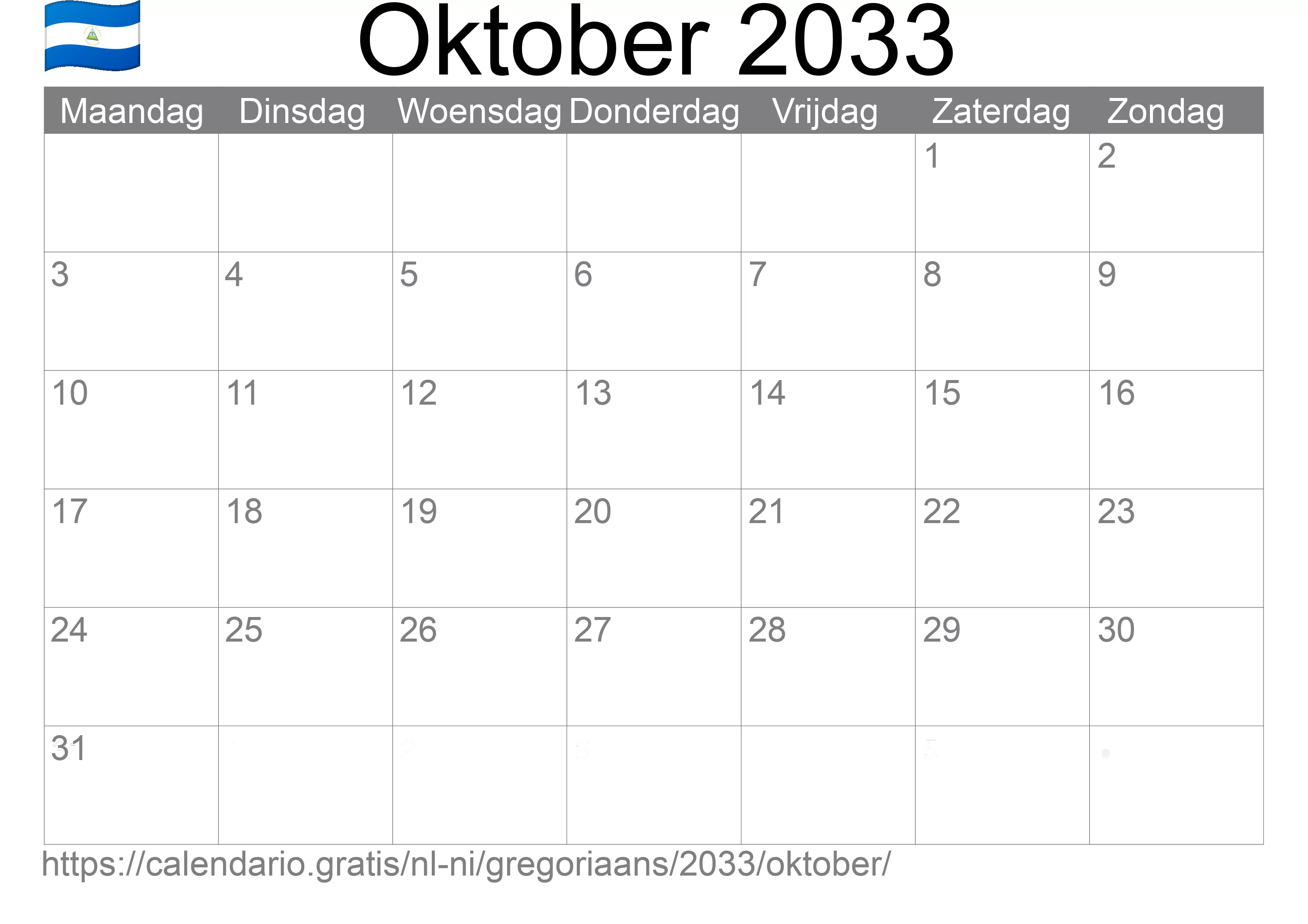 Kalender Oktober 2033 om af te drukken (Nicaragua) Kalender Oktober 2033 om af te drukken (Nicaragua)