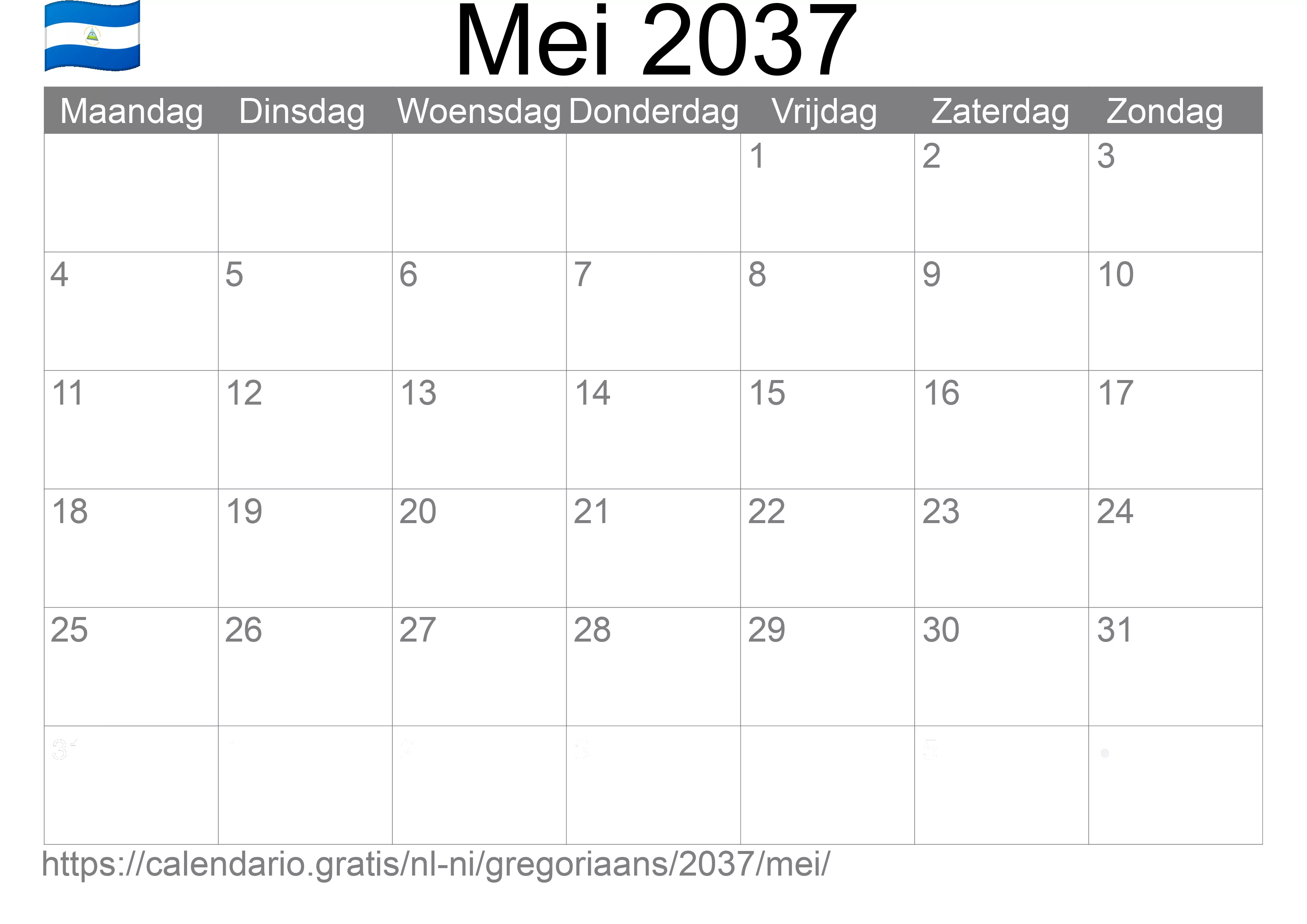 Kalender Mei 2037 om af te drukken (Nicaragua)