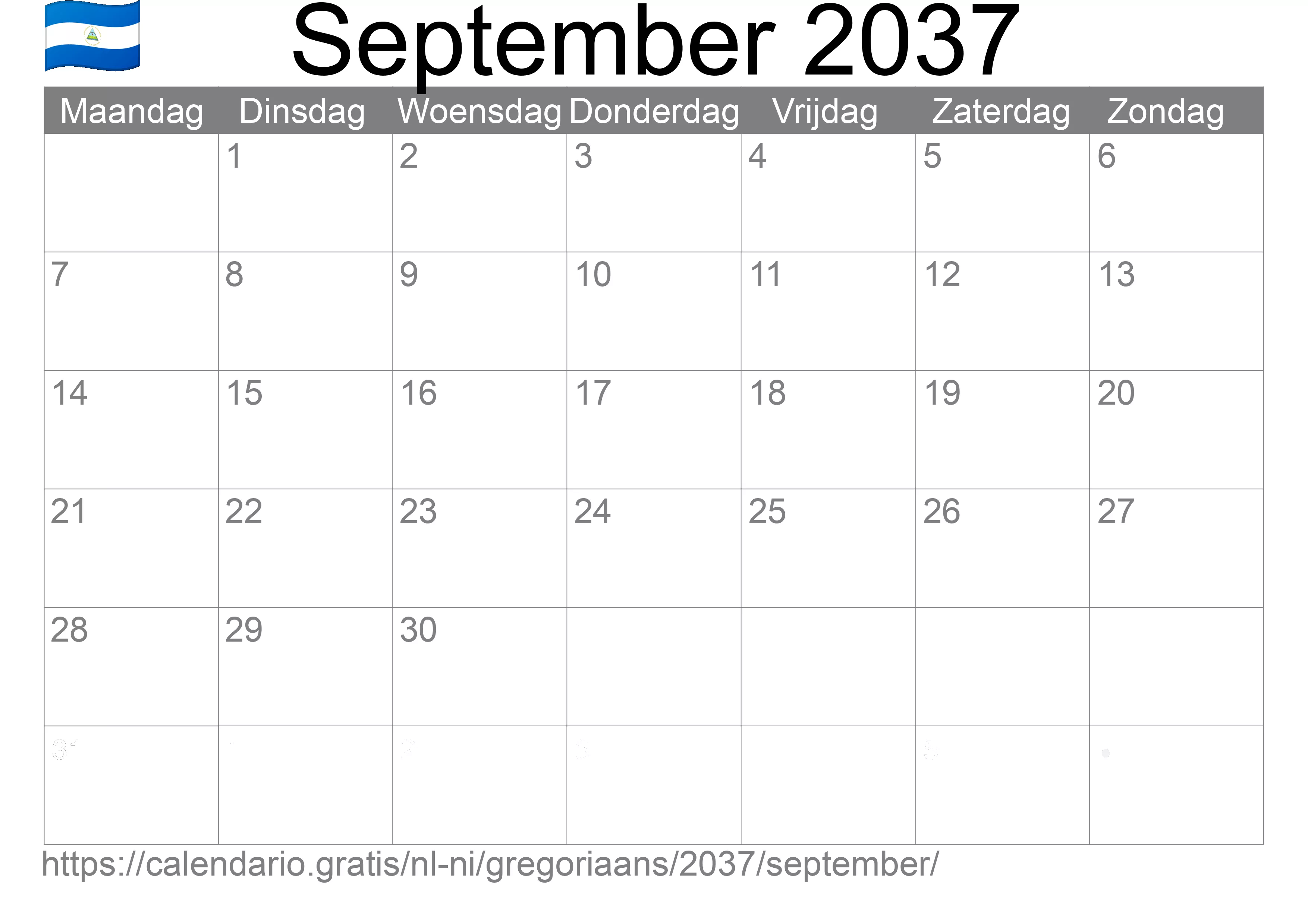 Kalender September 2037 om af te drukken (Nicaragua)