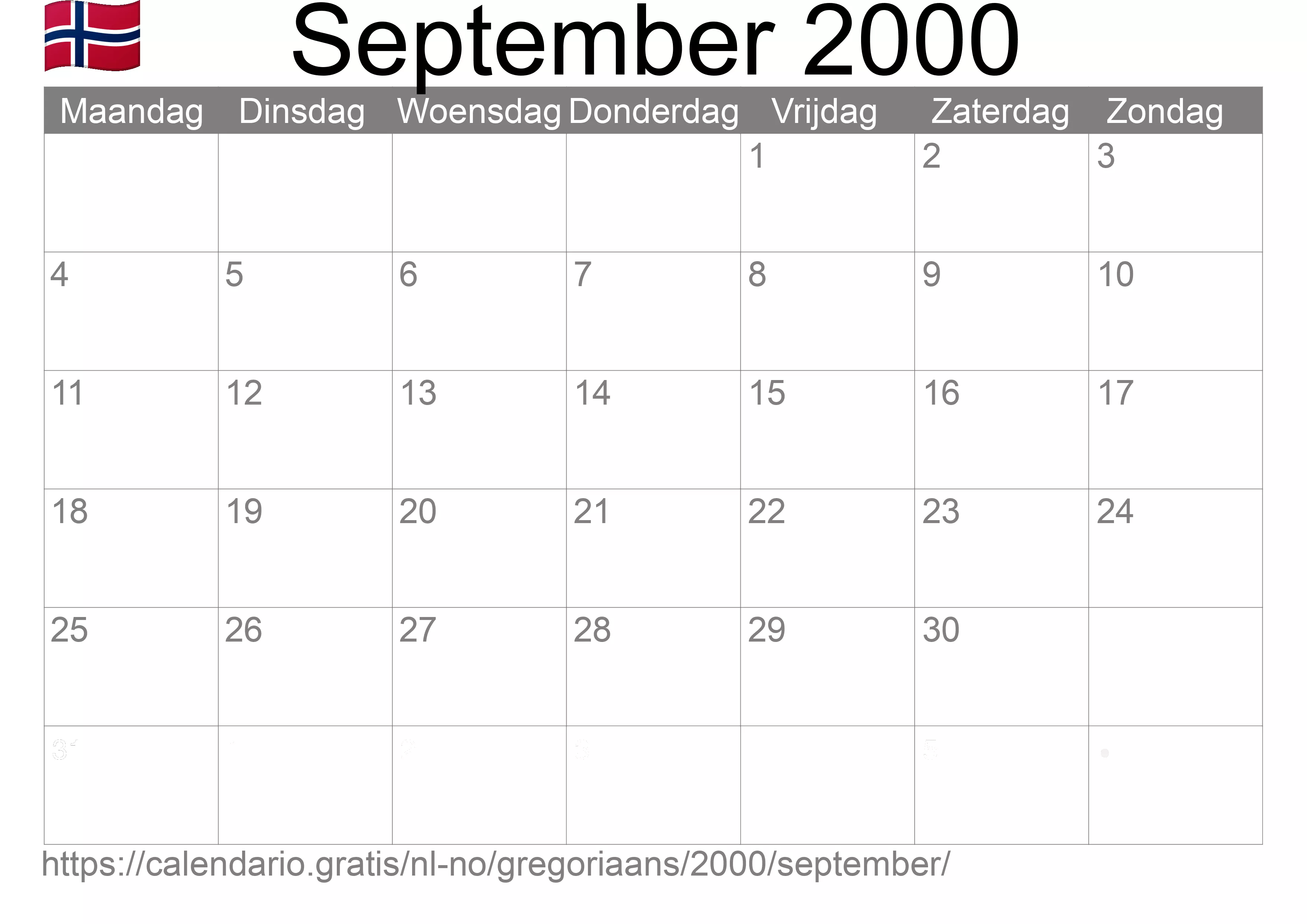 Kalender September 2000 om af te drukken (Noorwegen)