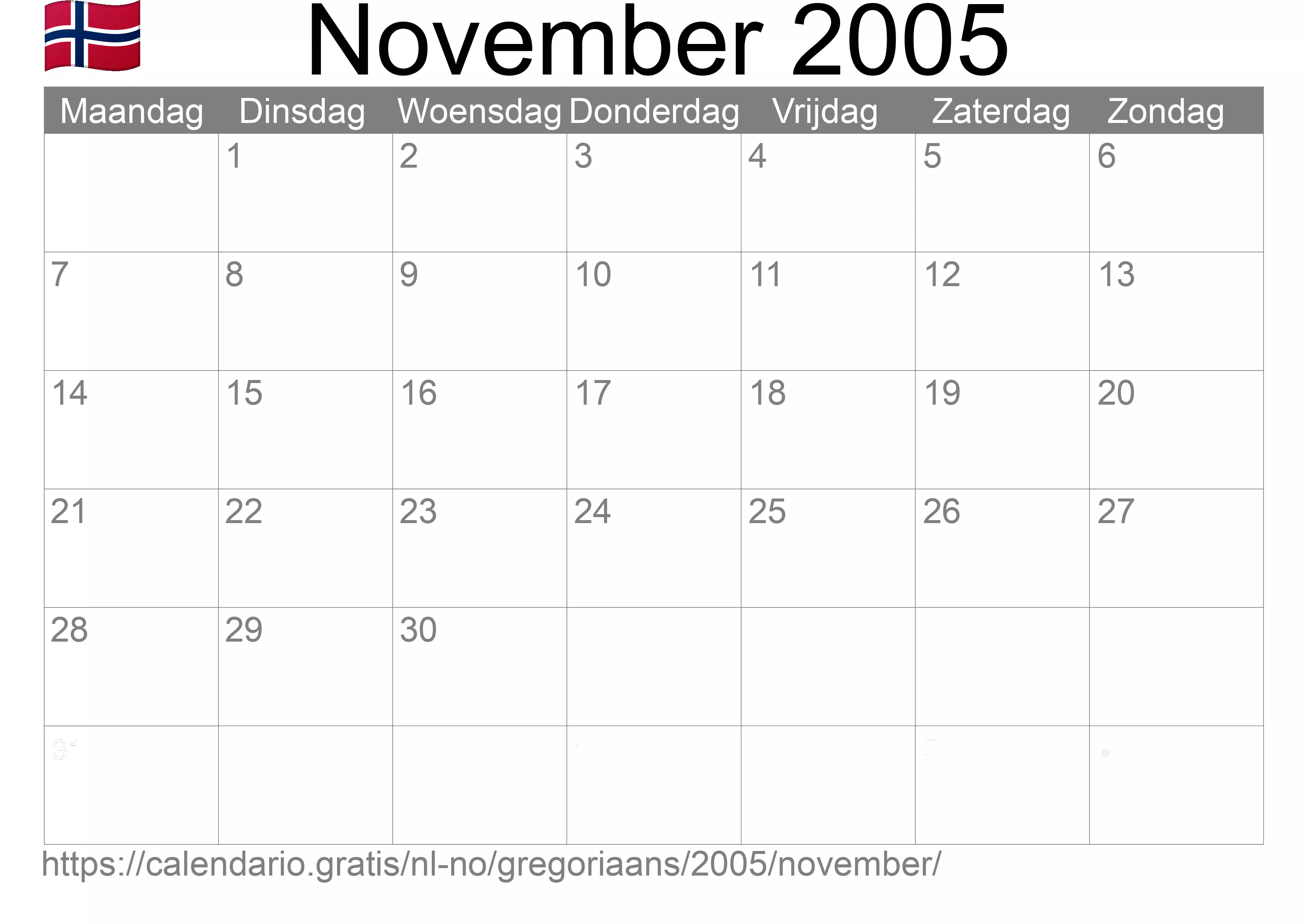Kalender November 2005 om af te drukken (Noorwegen)