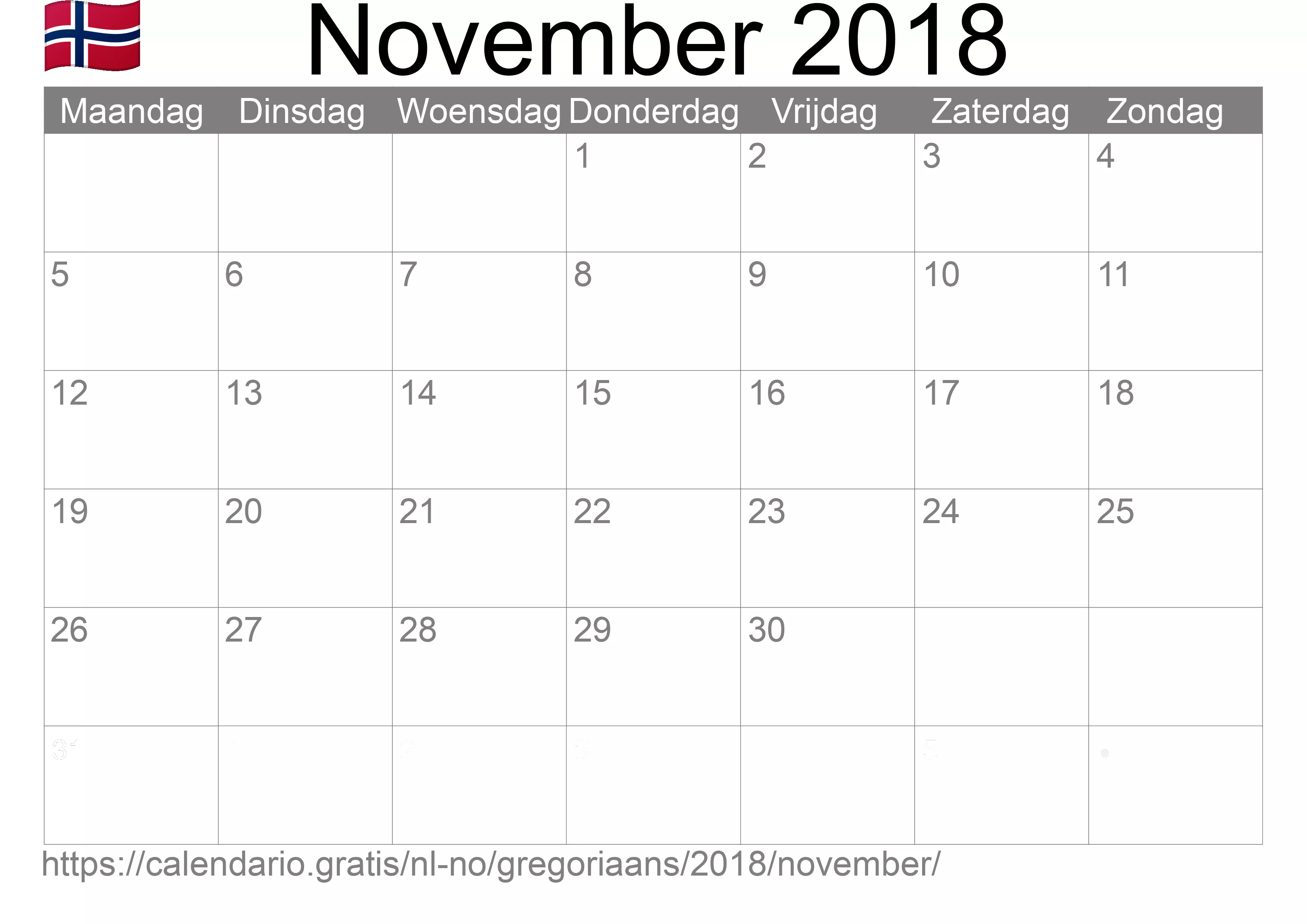Kalender November 2018 om af te drukken (Noorwegen)