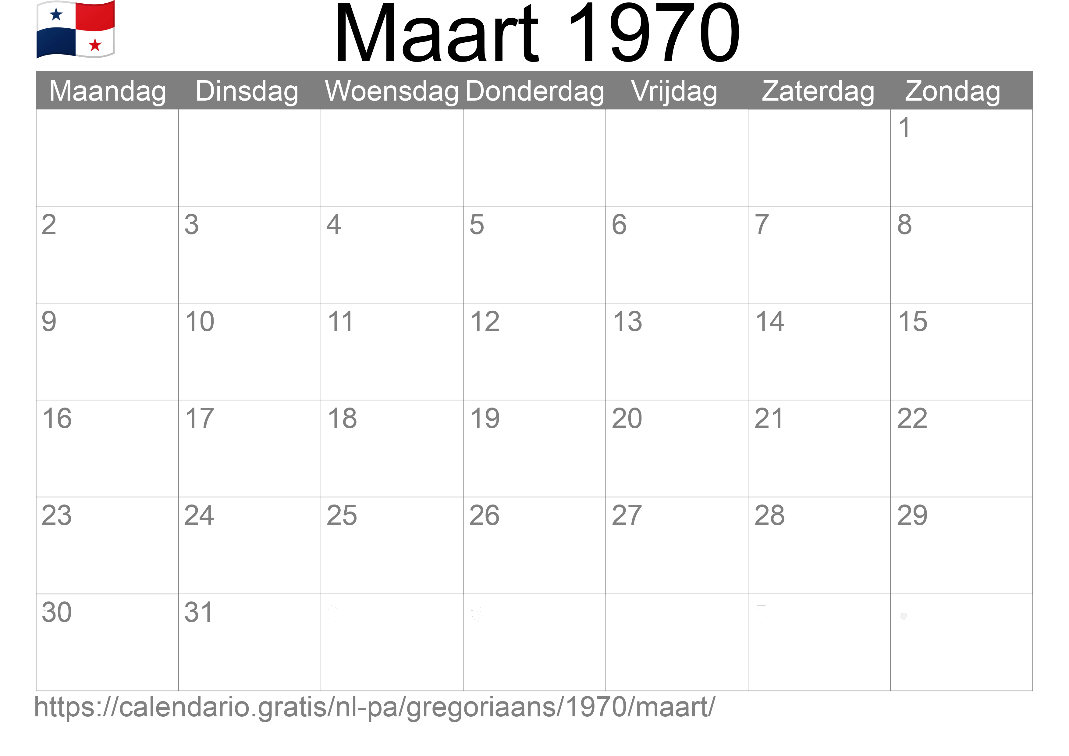 Kalender Maart 1970 om af te drukken