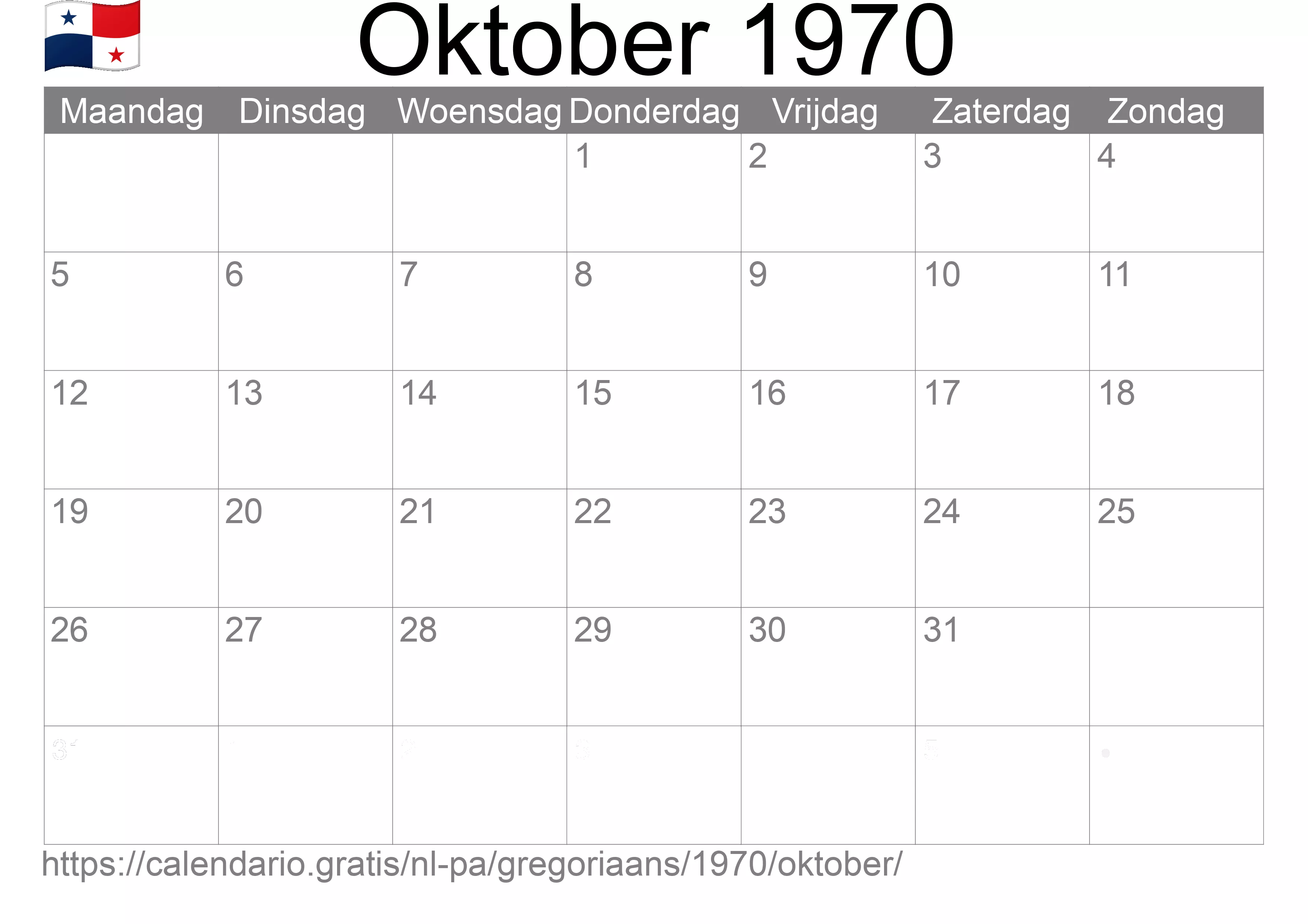 Kalender Oktober 1970 om af te drukken (Panama)